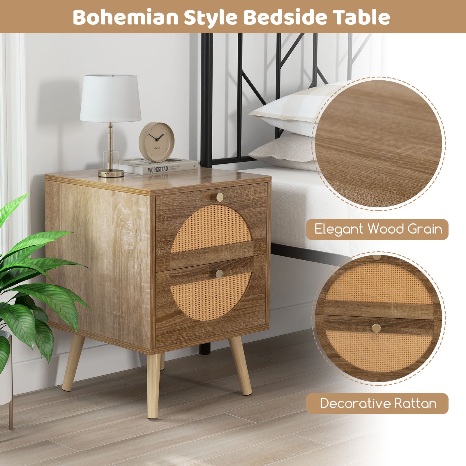 Set of 2 Rattan Nightstand with 2 Drawers and Solid Wood Legs-Natual, Natural Nightstands at Gallery Canada
