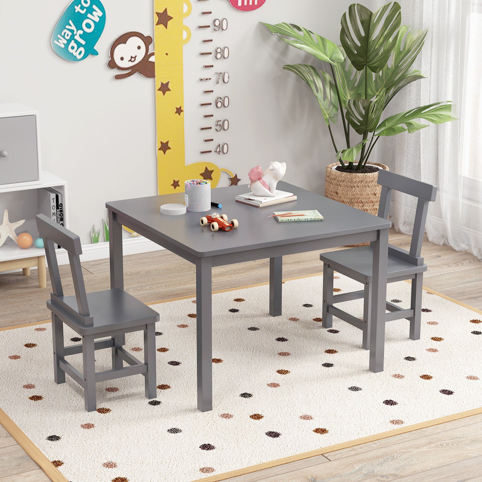 Wooden Kids Table and 2 Chairs Set with Anti-slip Foot Pads, Gray Kids Table & Chair Sets at Gallery Canada