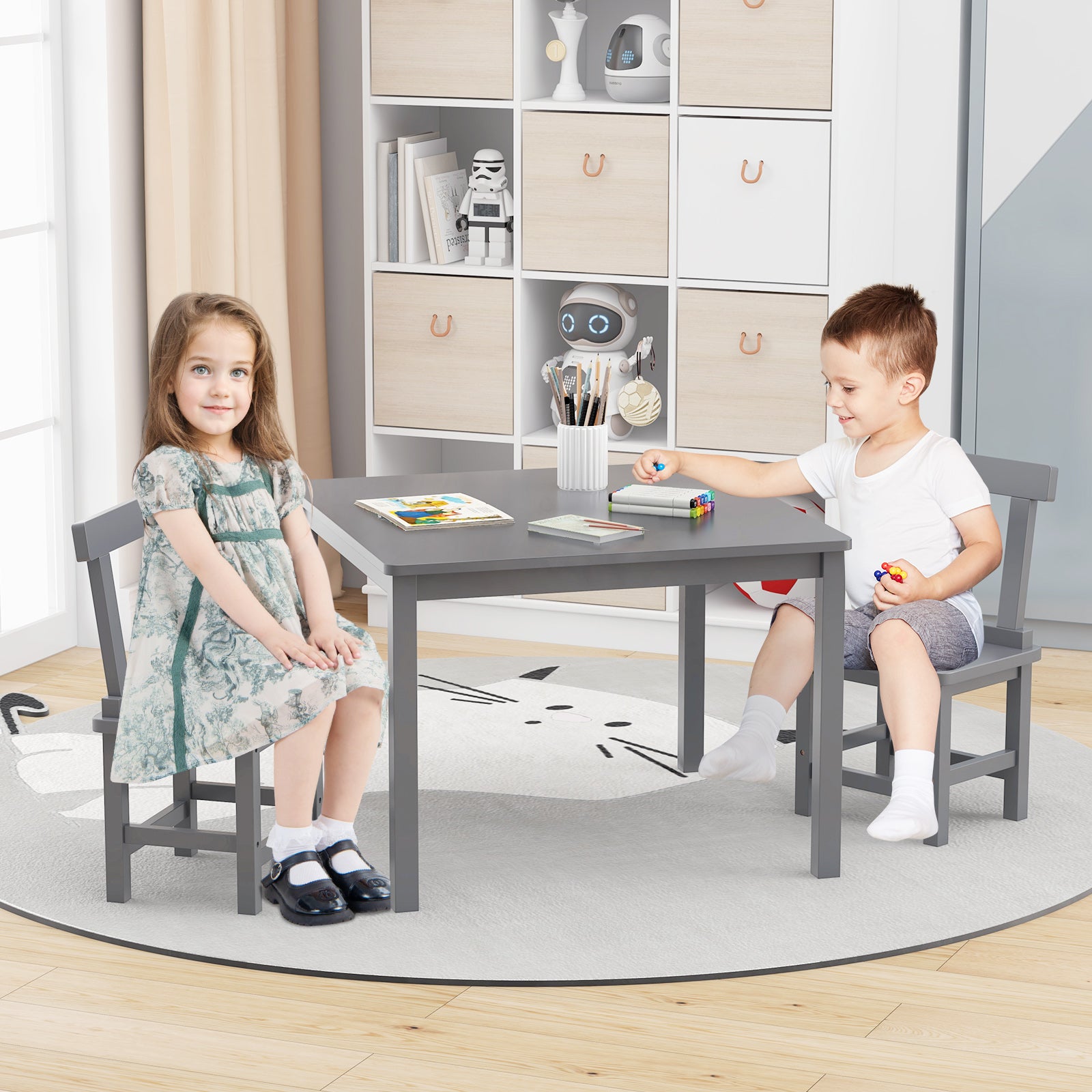 Wooden Kids Table and 2 Chairs Set with Anti-slip Foot Pads, Gray Kids Table & Chair Sets at Gallery Canada