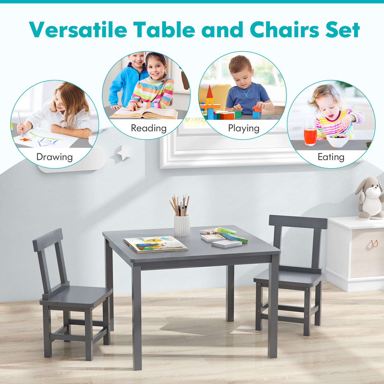 Wooden Kids Table and 2 Chairs Set with Anti-slip Foot Pads, Gray Kids Table & Chair Sets at Gallery Canada