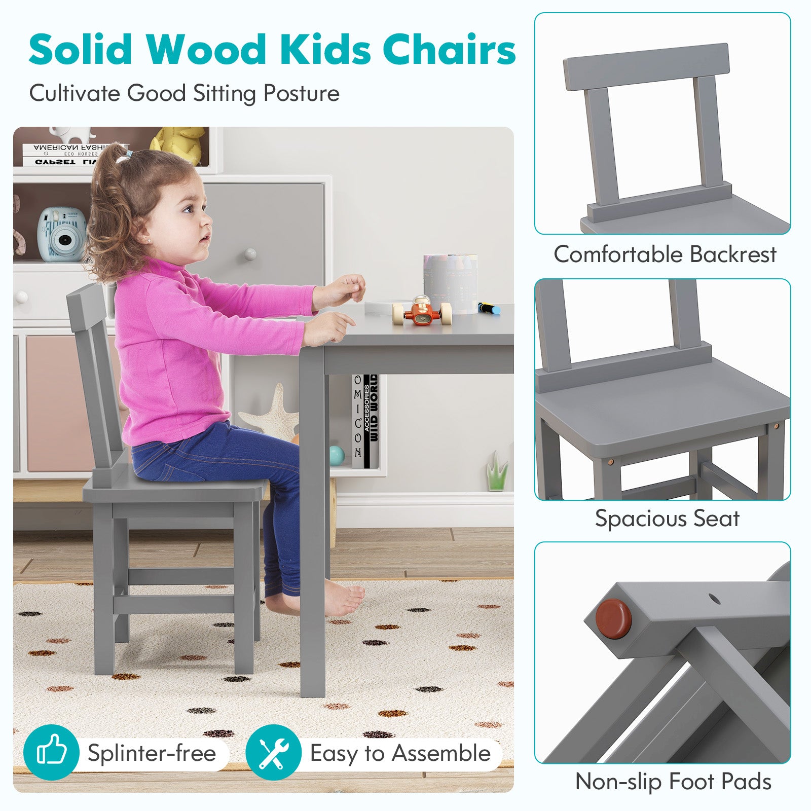Wooden Kids Table and 2 Chairs Set with Anti-slip Foot Pads, Gray Kids Table & Chair Sets at Gallery Canada