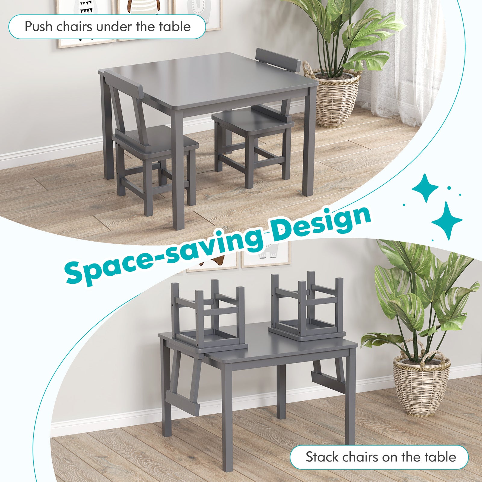 Wooden Kids Table and 2 Chairs Set with Anti-slip Foot Pads, Gray Kids Table & Chair Sets at Gallery Canada