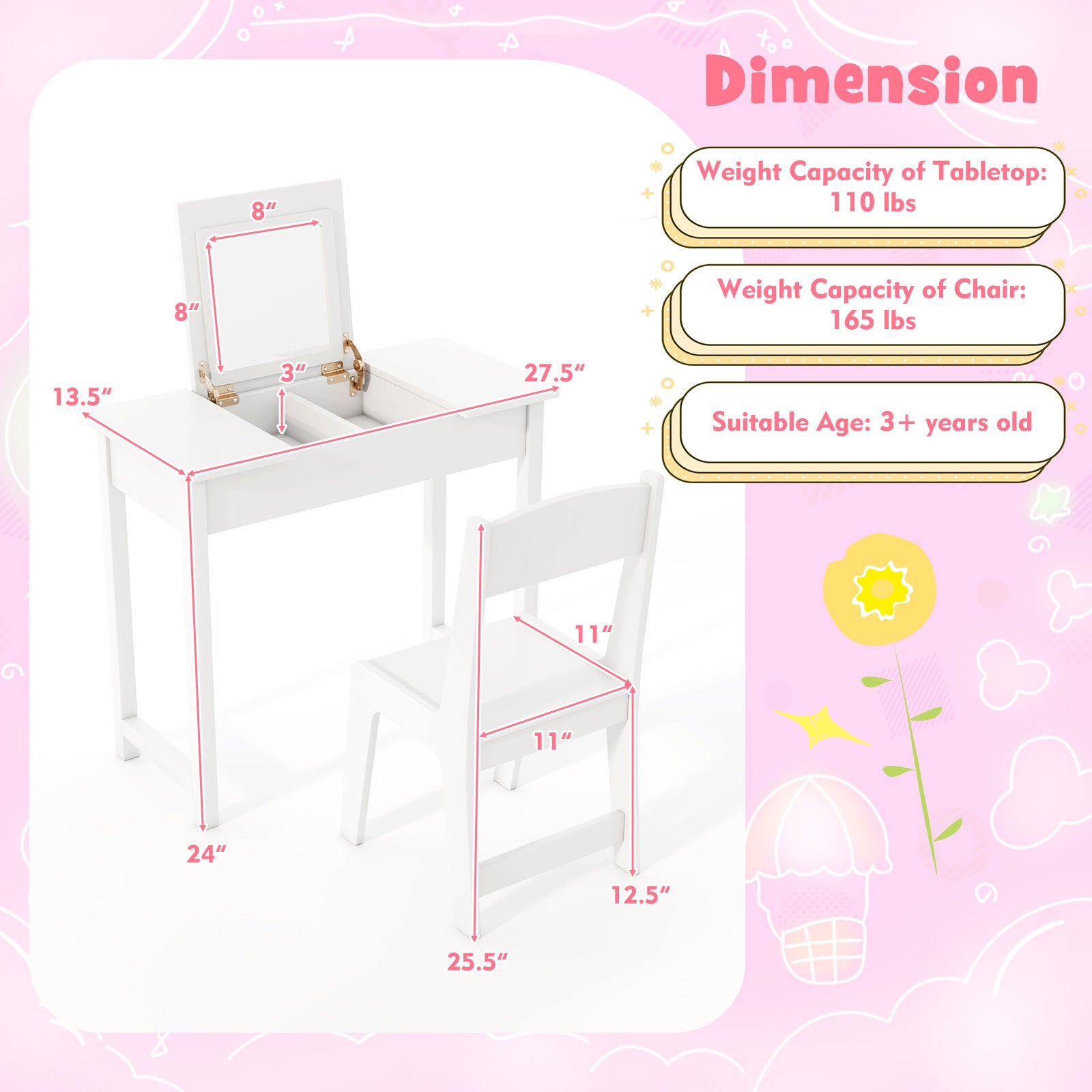 2-in-1 Kids Vanity Makeup Table and Chair Set with Flip Top Mirror, White Play Kitchen Sets at Gallery Canada