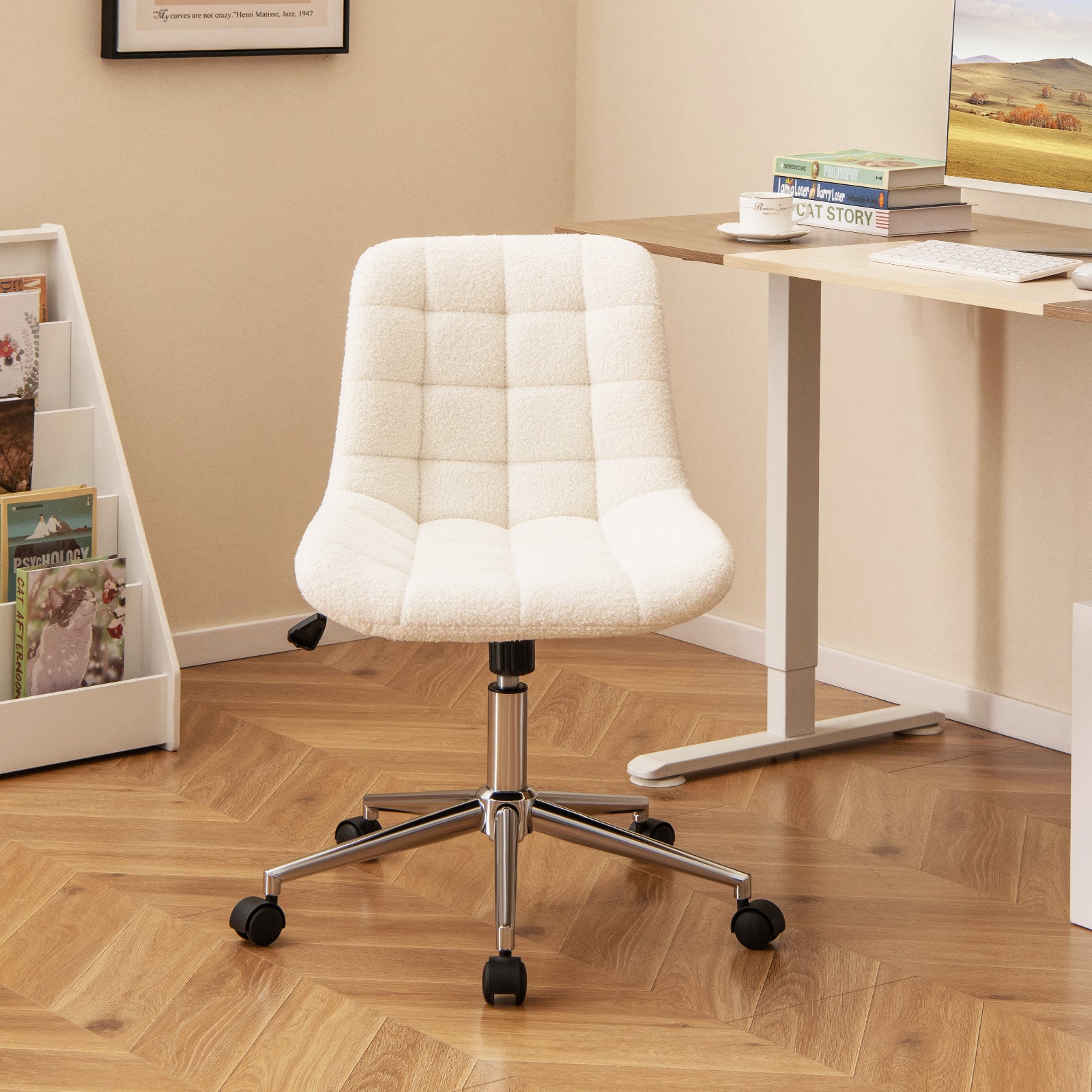 Teddy Fleece Armless Office Chair Makeup Vanity Chair, White Armless Chairs at Gallery Canada