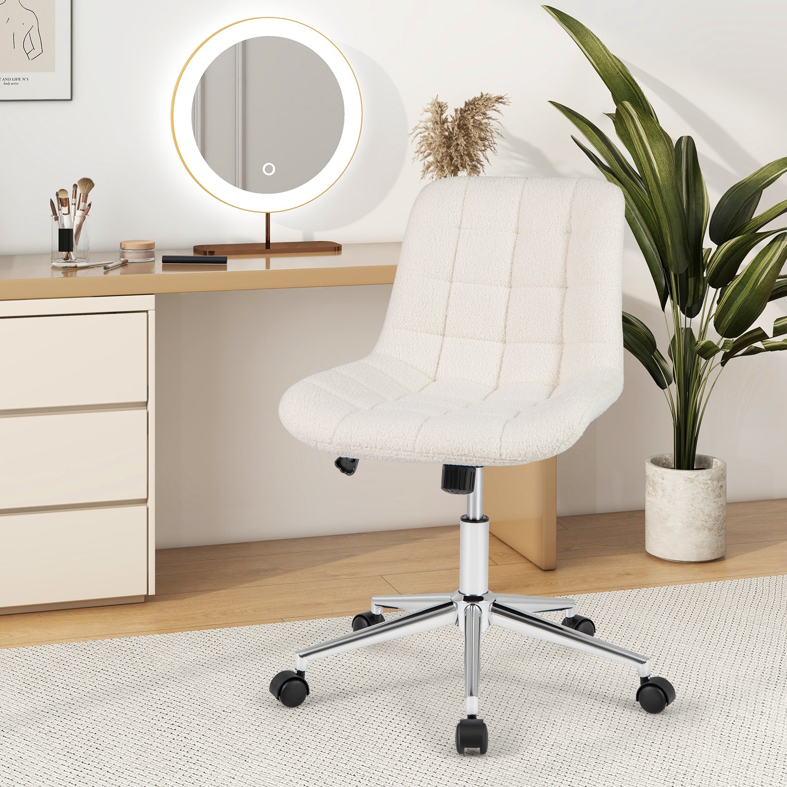 Teddy Fleece Armless Office Chair Makeup Vanity Chair, White Armless Chairs at Gallery Canada