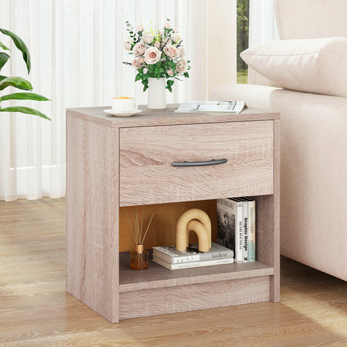 Bedside Table Nightstand with Drawer and Open Storage Shelf, Natural