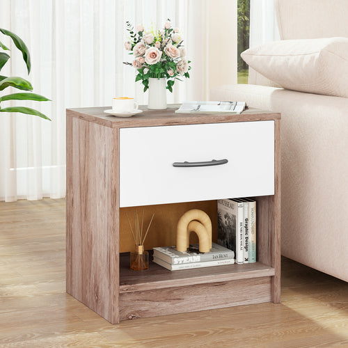 Bedside Table Nightstand with Drawer and Open Storage Shelf, Oak