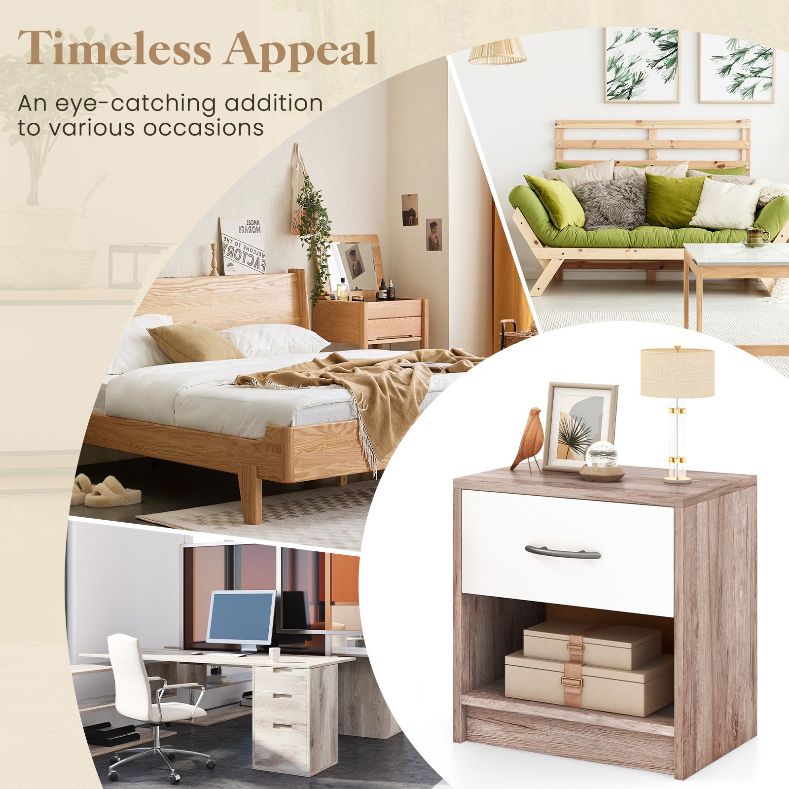 Bedside Table Nightstand with Drawer and Open Storage Shelf, Oak Nightstands at Gallery Canada