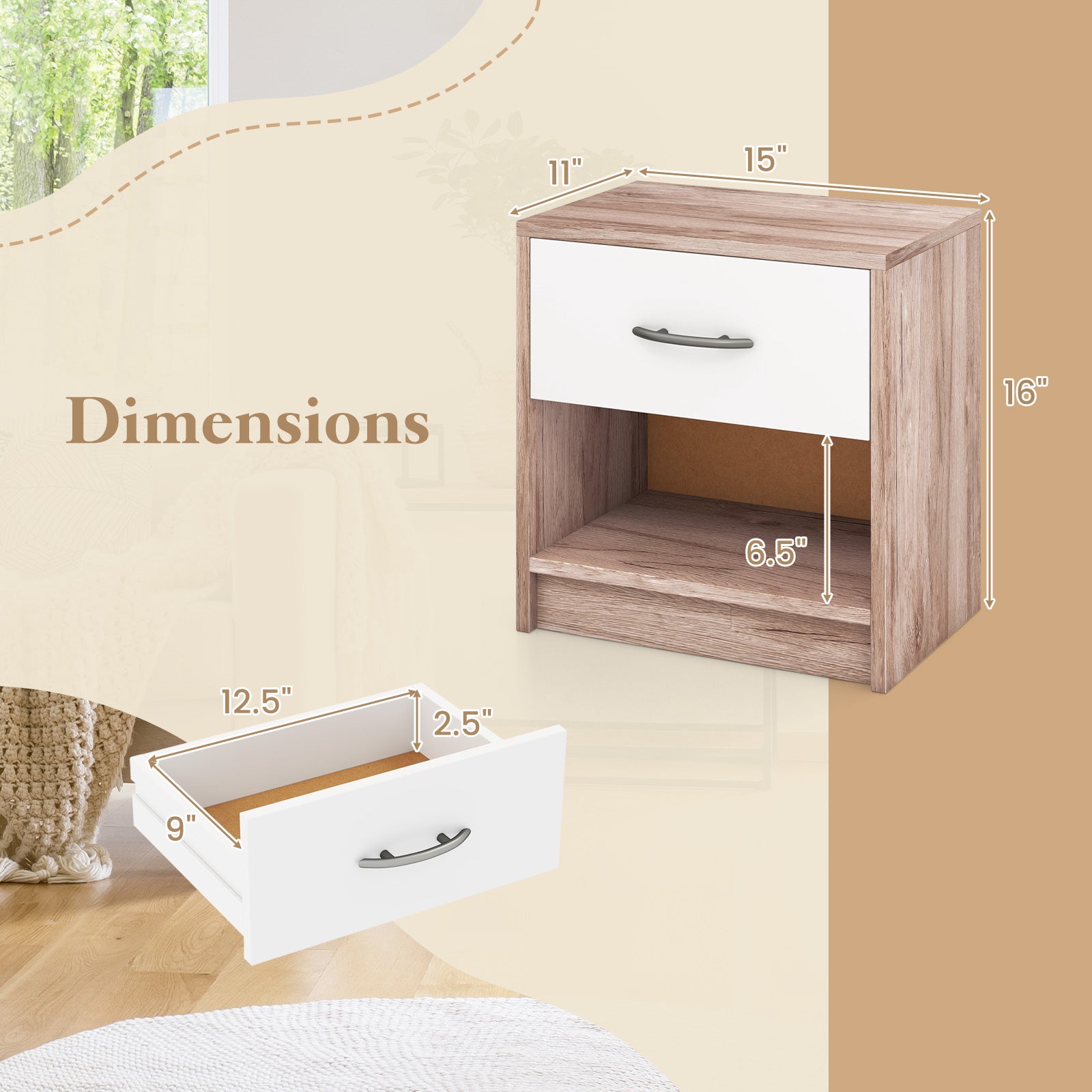 Bedside Table Nightstand with Drawer and Open Storage Shelf, Oak Nightstands at Gallery Canada