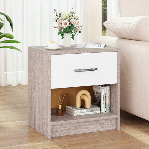 Bedside Table Nightstand with Drawer and Open Storage Shelf, Light Gray