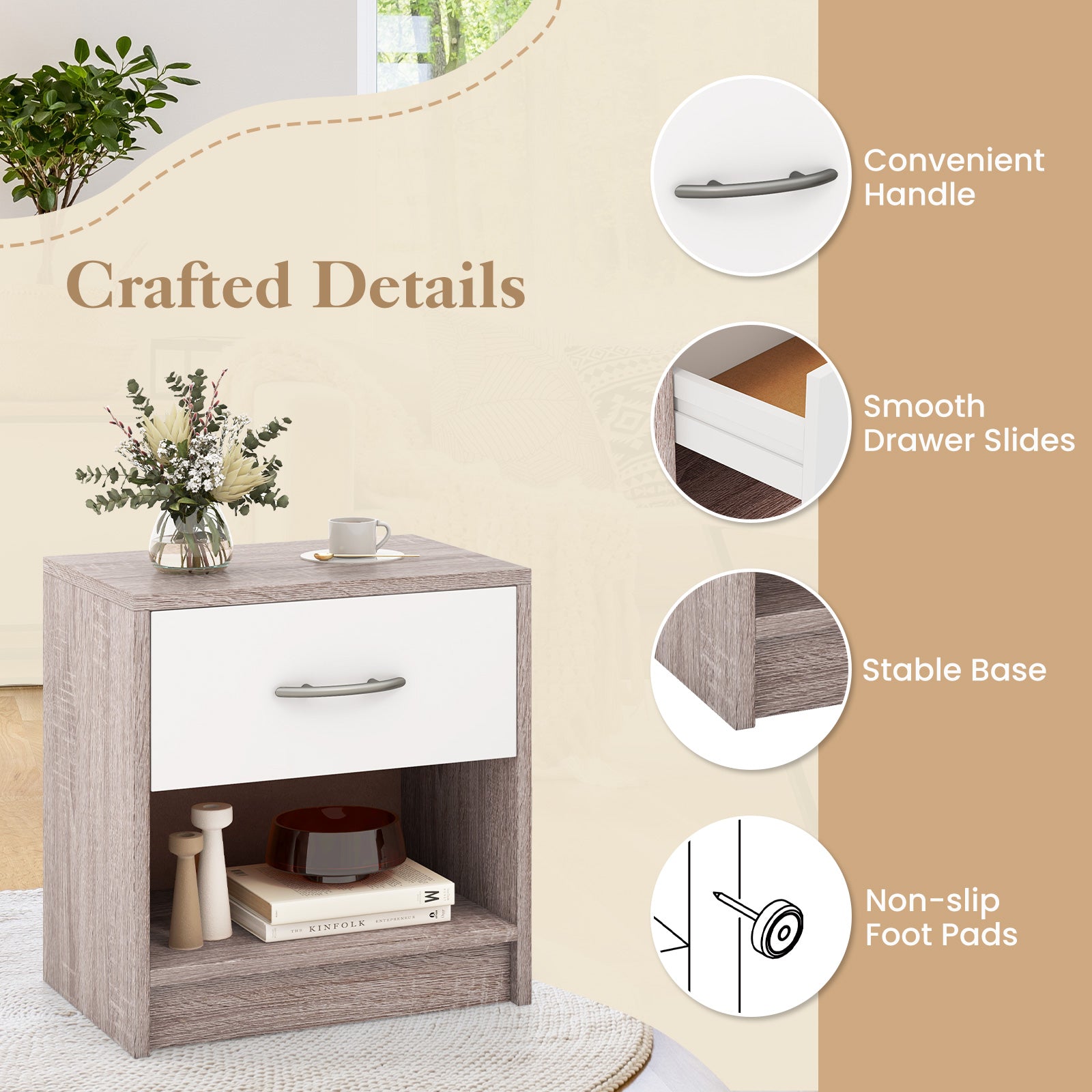 Bedside Table Nightstand with Drawer and Open Storage Shelf, Light Gray Nightstands at Gallery Canada