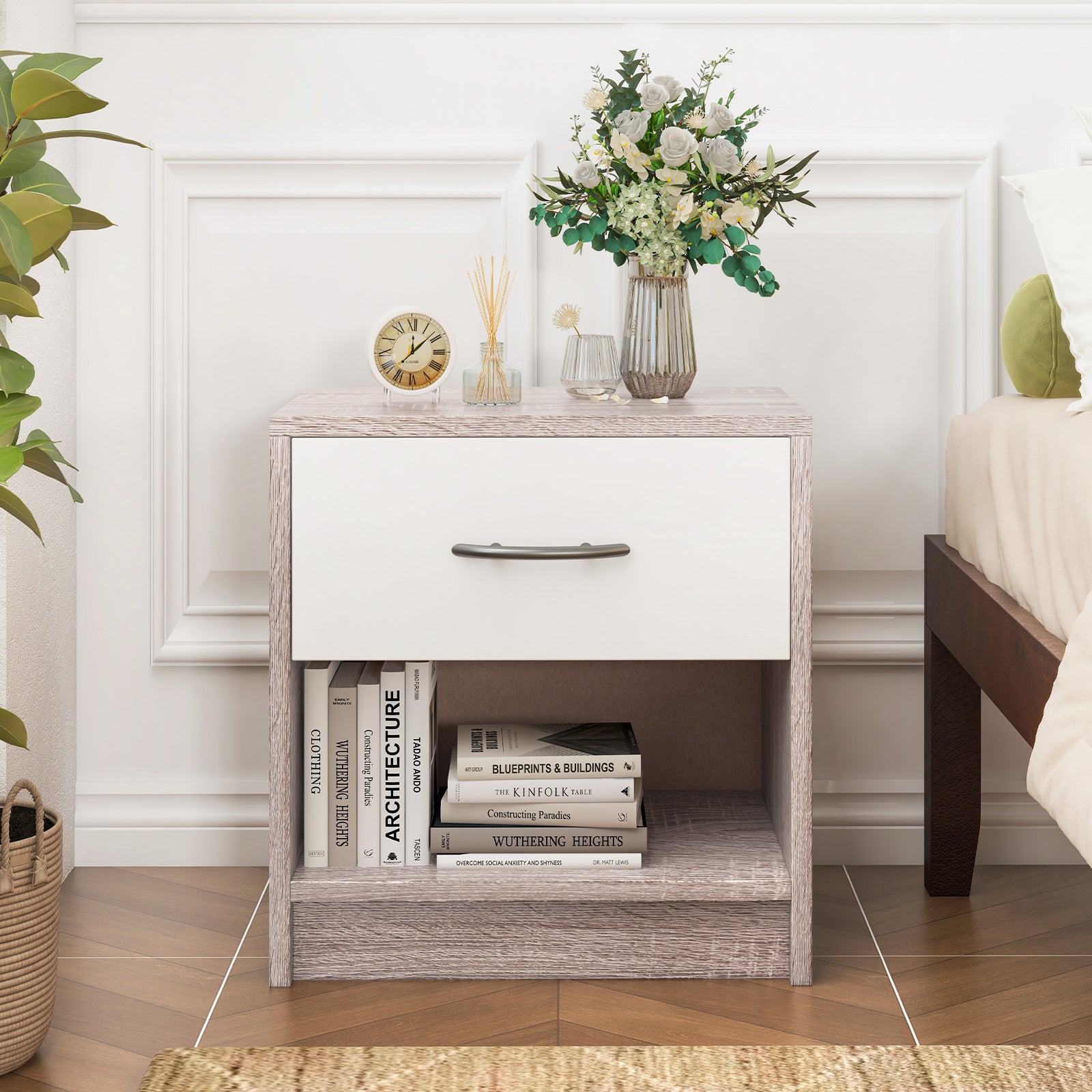 Bedside Table Nightstand with Drawer and Open Storage Shelf, Light Gray Nightstands at Gallery Canada