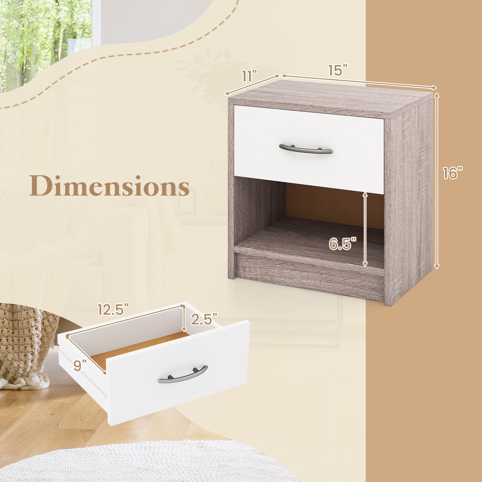 Bedside Table Nightstand with Drawer and Open Storage Shelf, Light Gray Nightstands at Gallery Canada