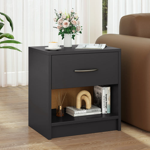 Bedside Table Nightstand with Drawer and Open Storage Shelf, Gray