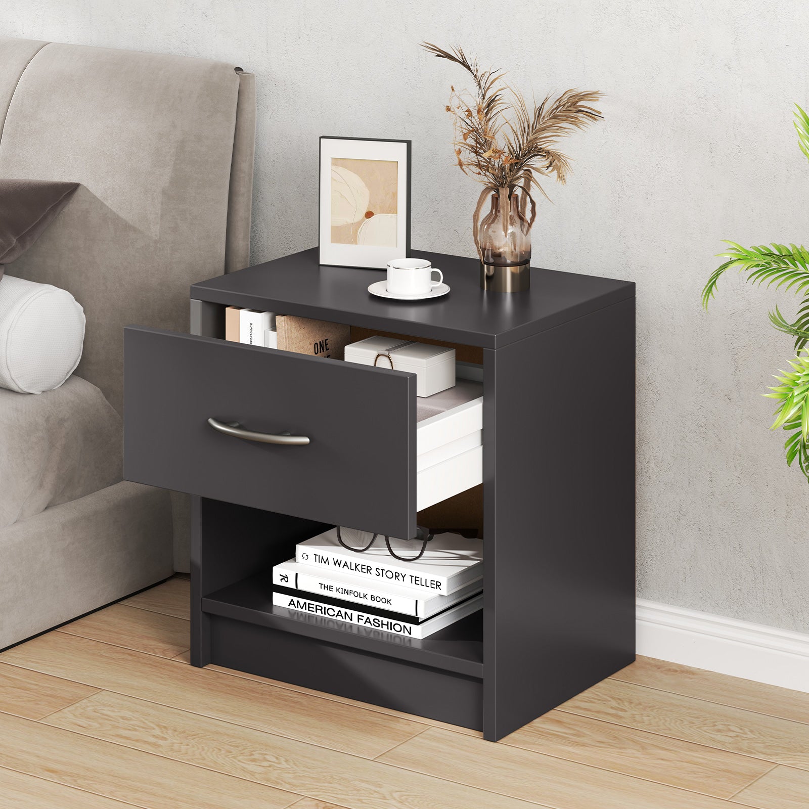 Bedside Table Nightstand with Drawer and Open Storage Shelf, Gray Nightstands at Gallery Canada