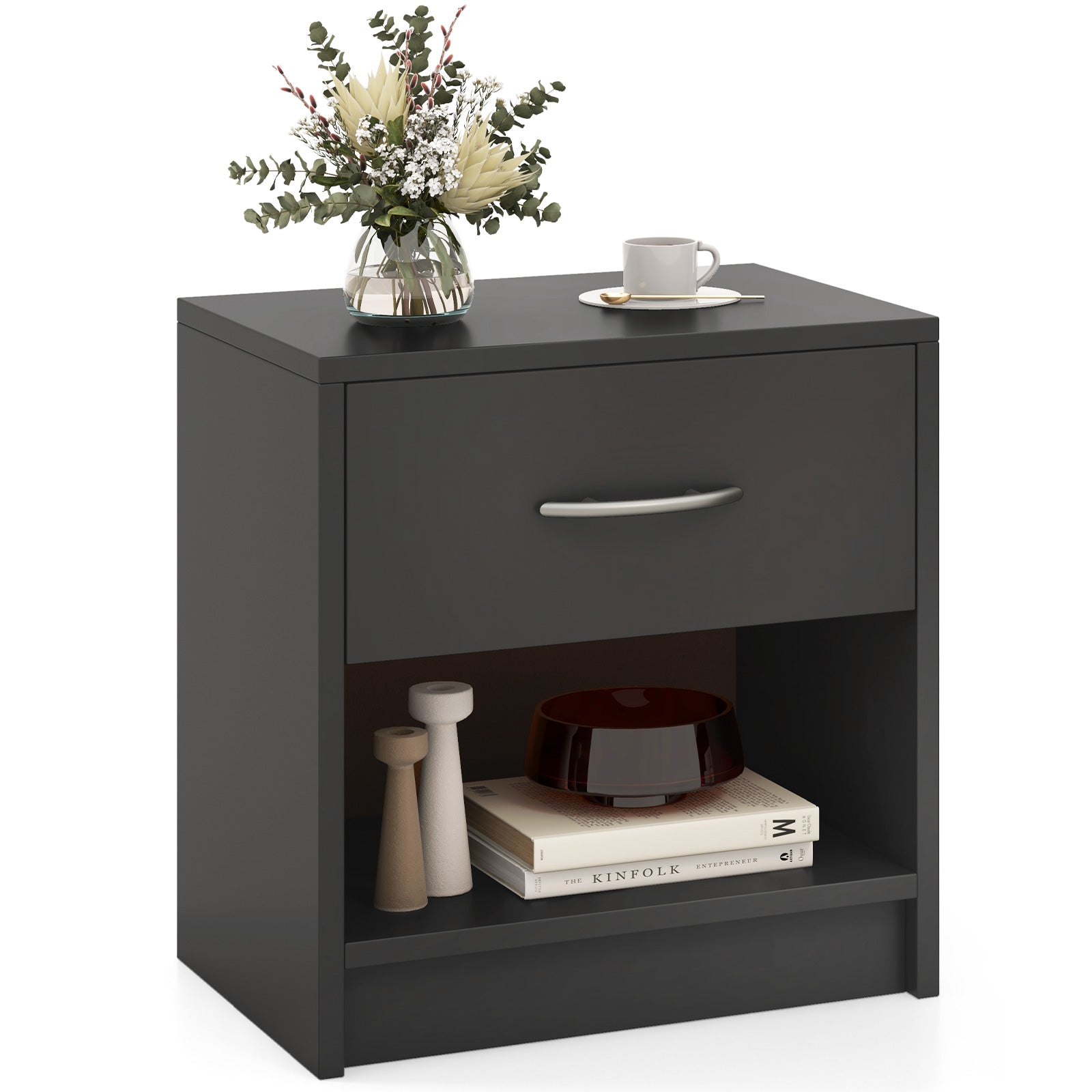 Bedside Table Nightstand with Drawer and Open Storage Shelf, Gray Nightstands at Gallery Canada