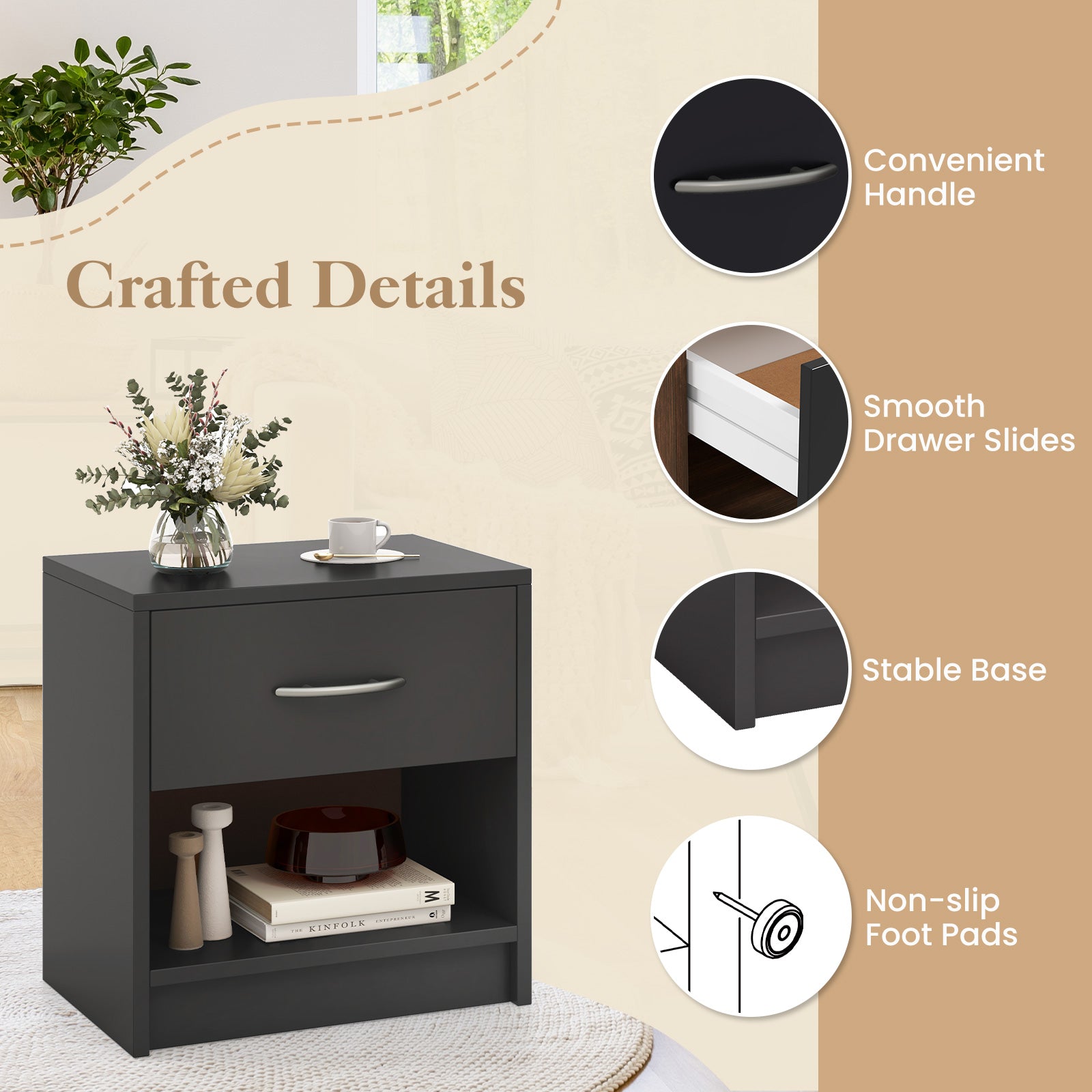 Bedside Table Nightstand with Drawer and Open Storage Shelf, Gray Nightstands at Gallery Canada