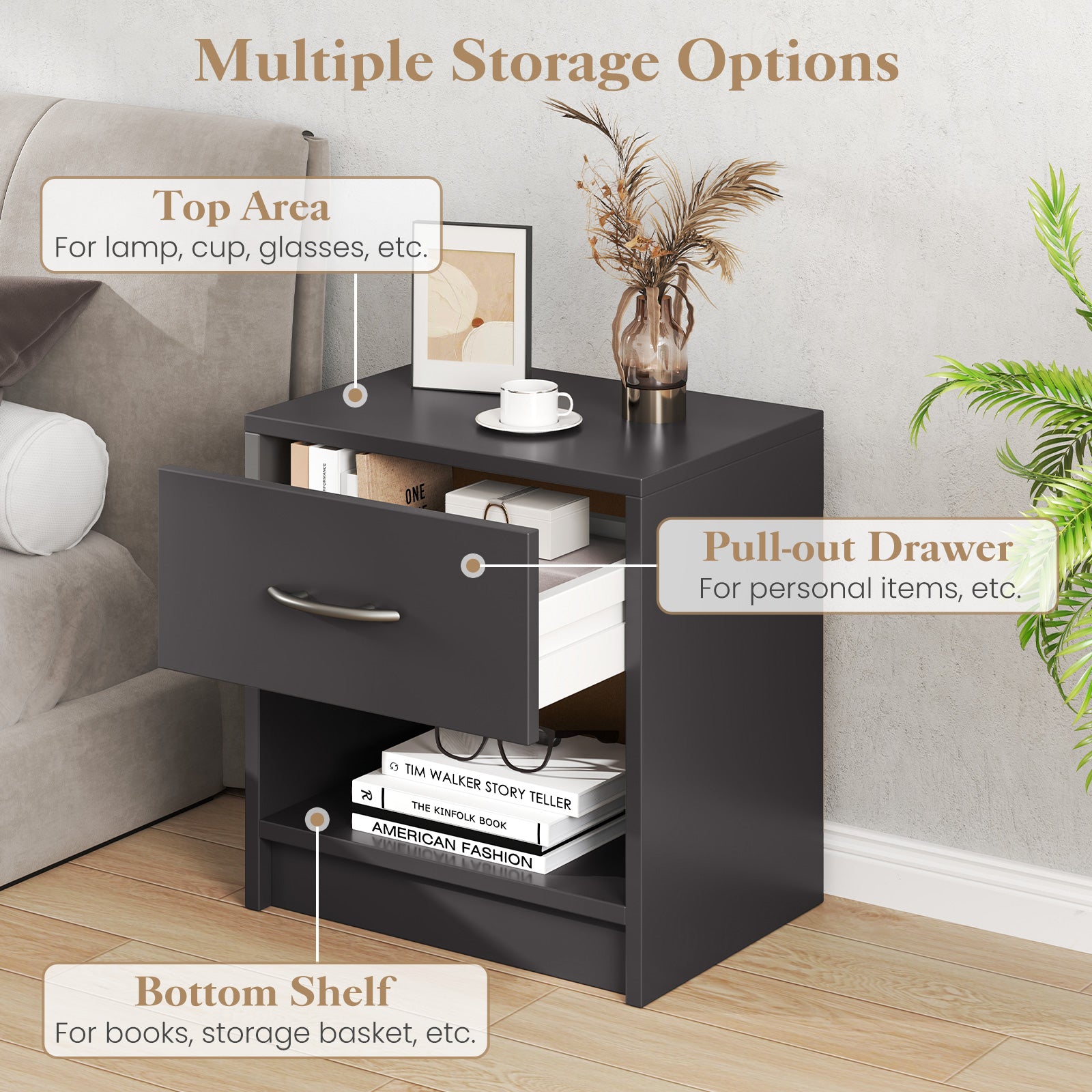 Bedside Table Nightstand with Drawer and Open Storage Shelf, Gray Nightstands at Gallery Canada