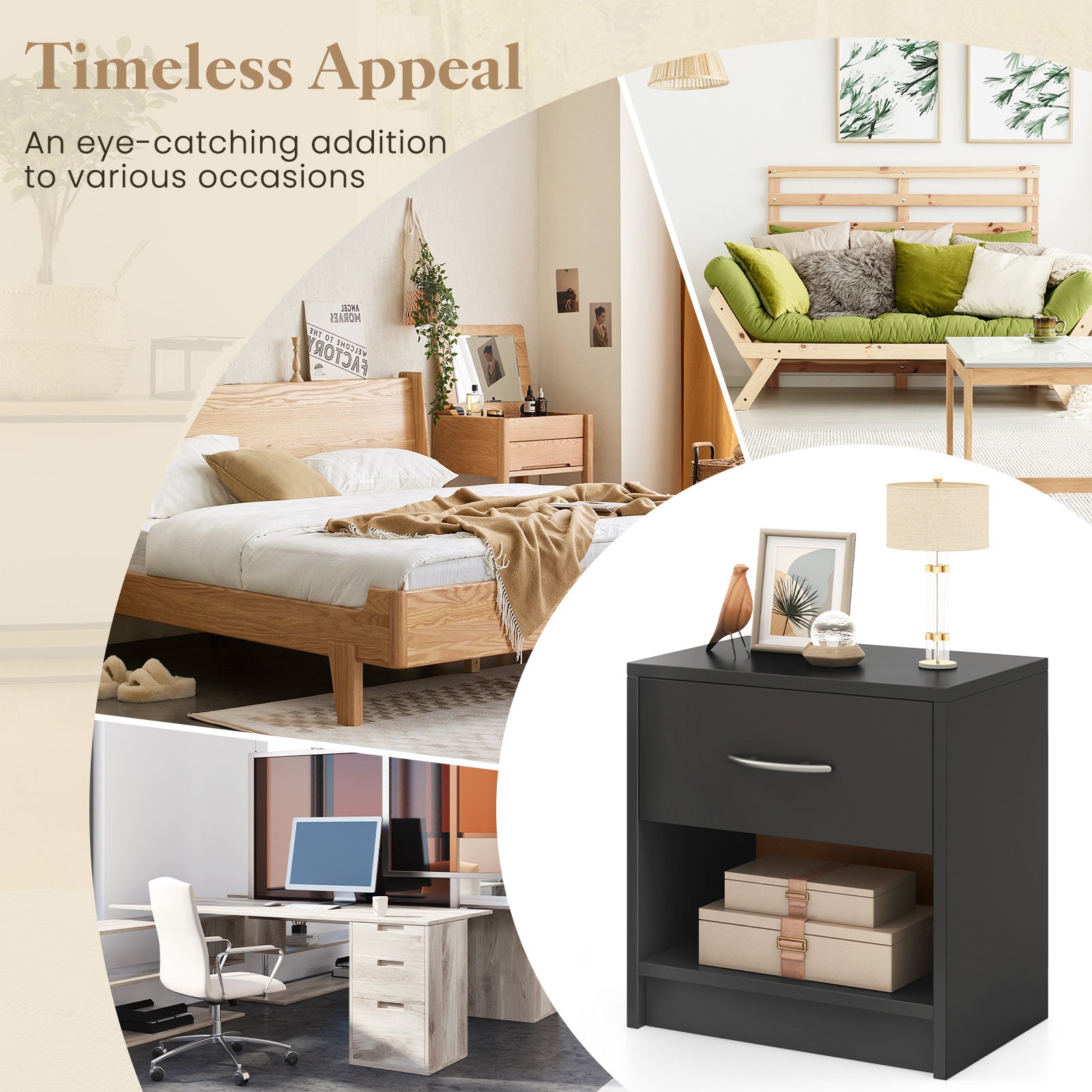 Bedside Table Nightstand with Drawer and Open Storage Shelf, Gray Nightstands at Gallery Canada