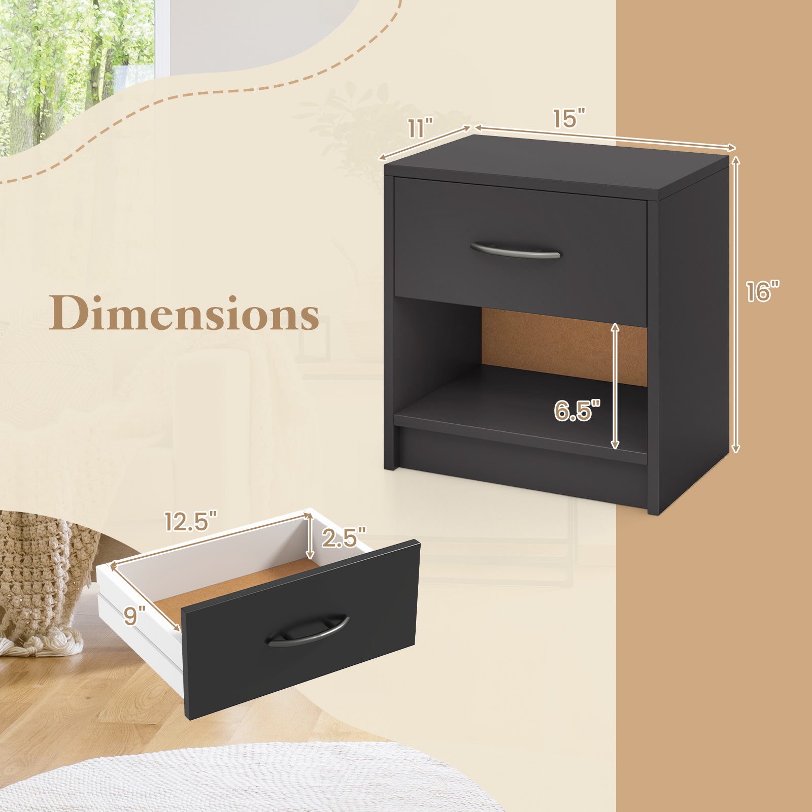Bedside Table Nightstand with Drawer and Open Storage Shelf, Gray Nightstands at Gallery Canada