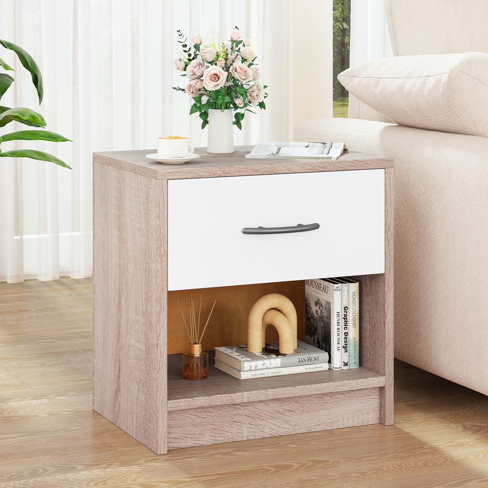 Bedside Table Nightstand with Drawer and Open Storage Shelf Nightstands at Gallery Canada