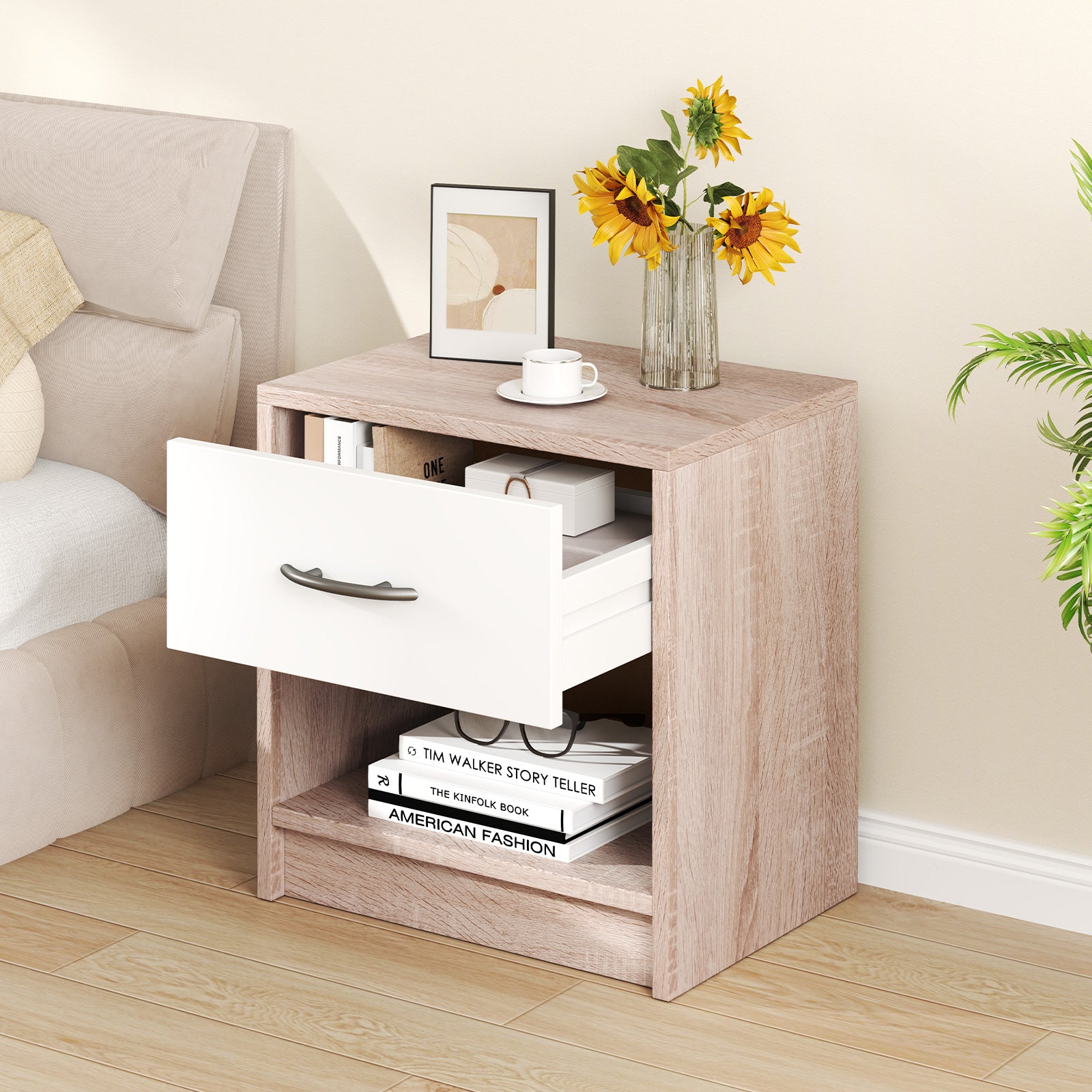 Bedside Table Nightstand with Drawer and Open Storage Shelf Nightstands at Gallery Canada