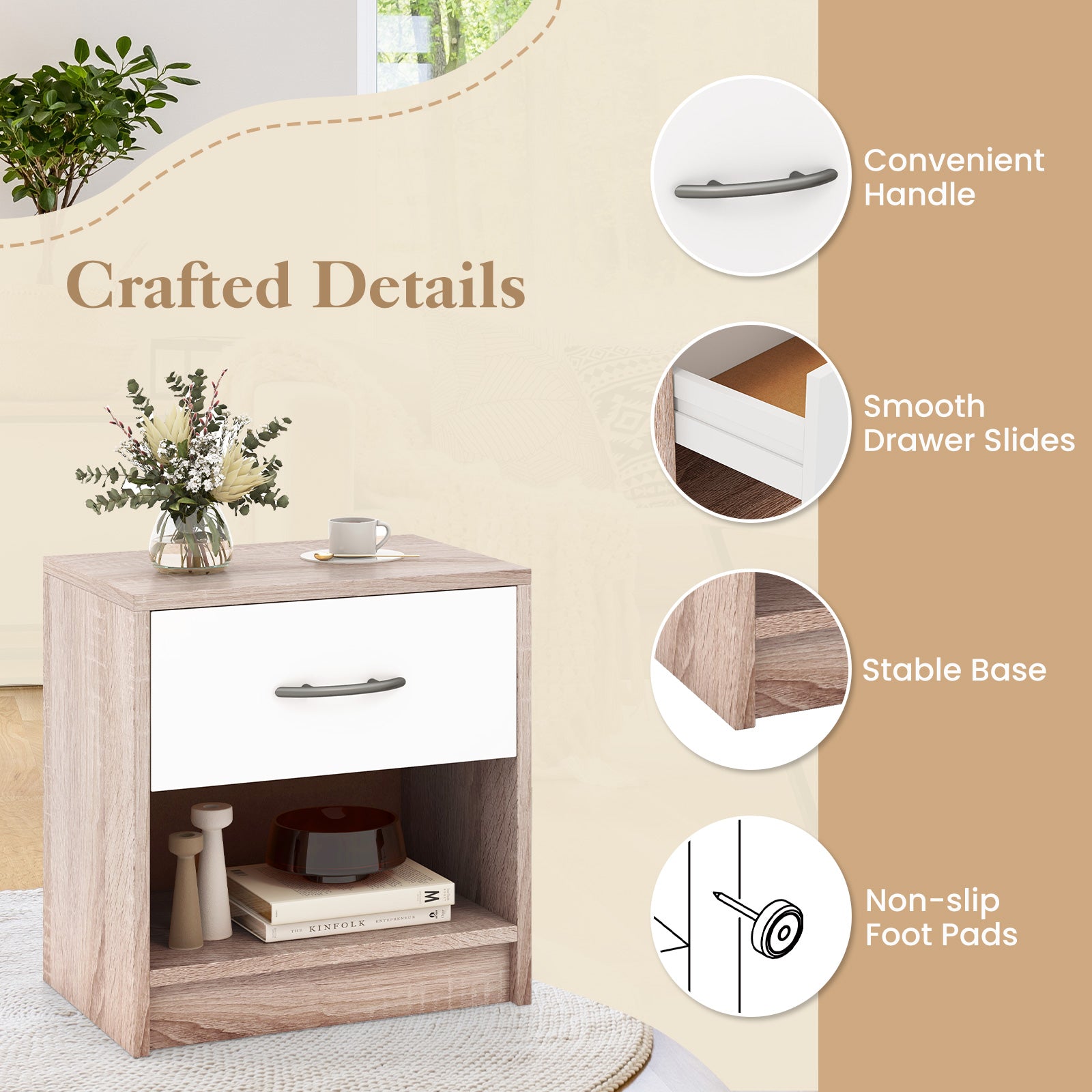 Bedside Table Nightstand with Drawer and Open Storage Shelf Nightstands at Gallery Canada