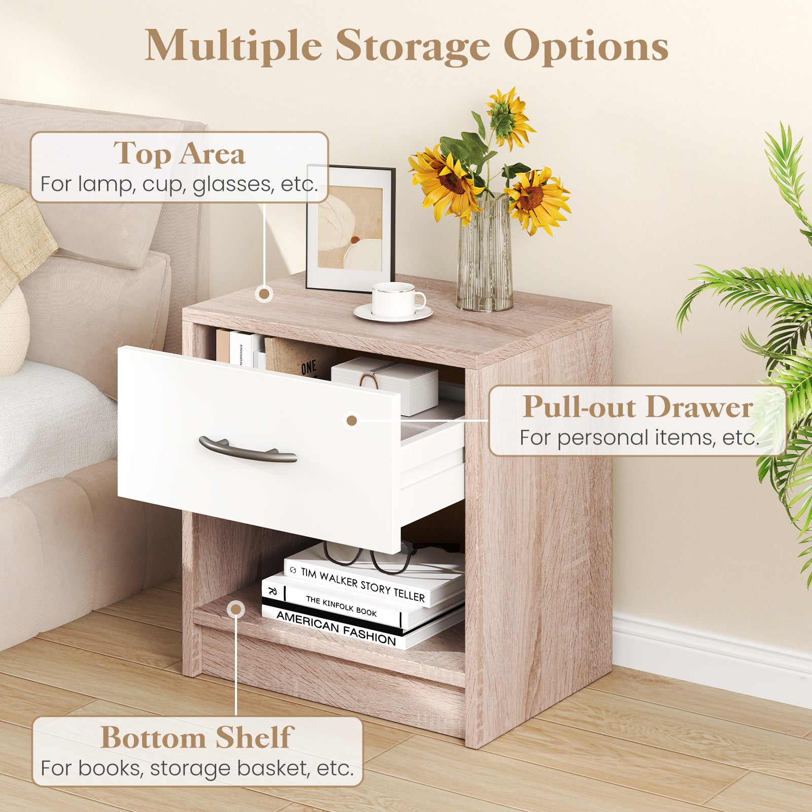 Bedside Table Nightstand with Drawer and Open Storage Shelf Nightstands at Gallery Canada