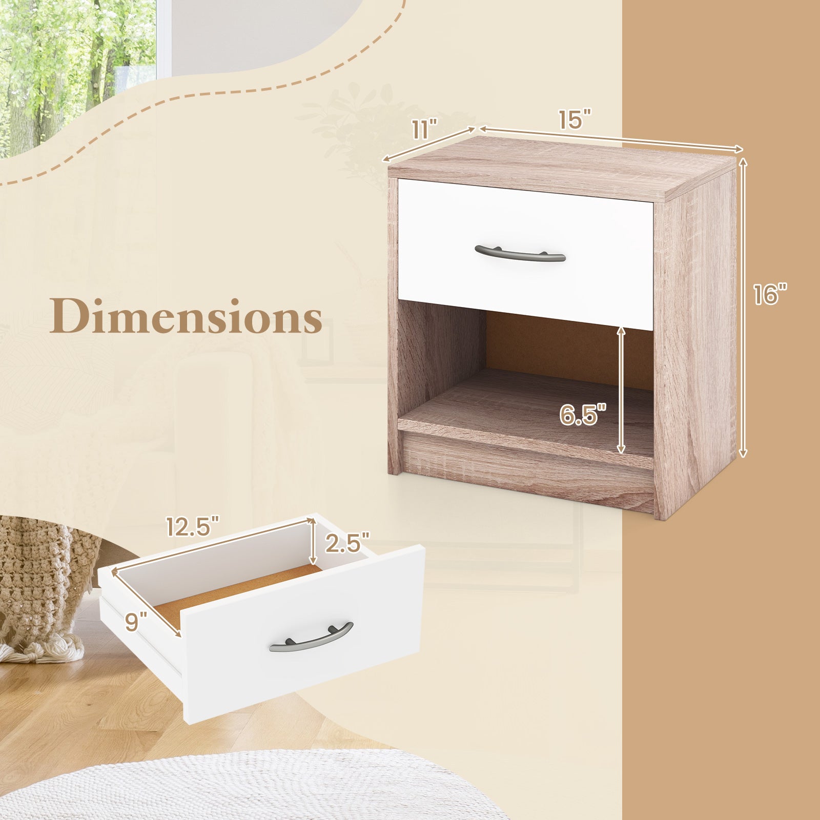 Bedside Table Nightstand with Drawer and Open Storage Shelf Nightstands at Gallery Canada