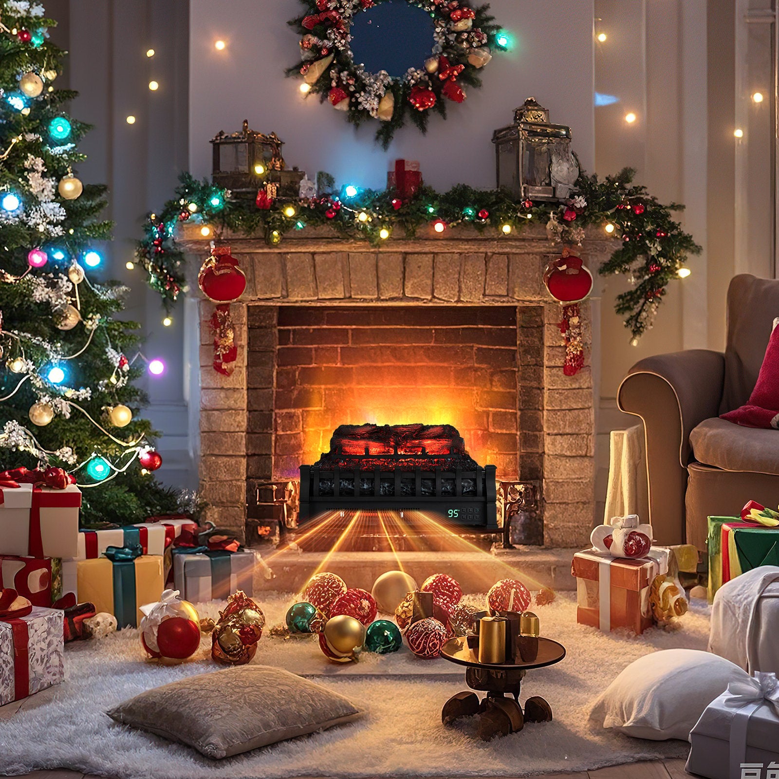 23 Inch Infrared Quartz Electric Fireplace Pinewood Log Heater with Adjustable Flame, Black Fireplaces at Gallery Canada