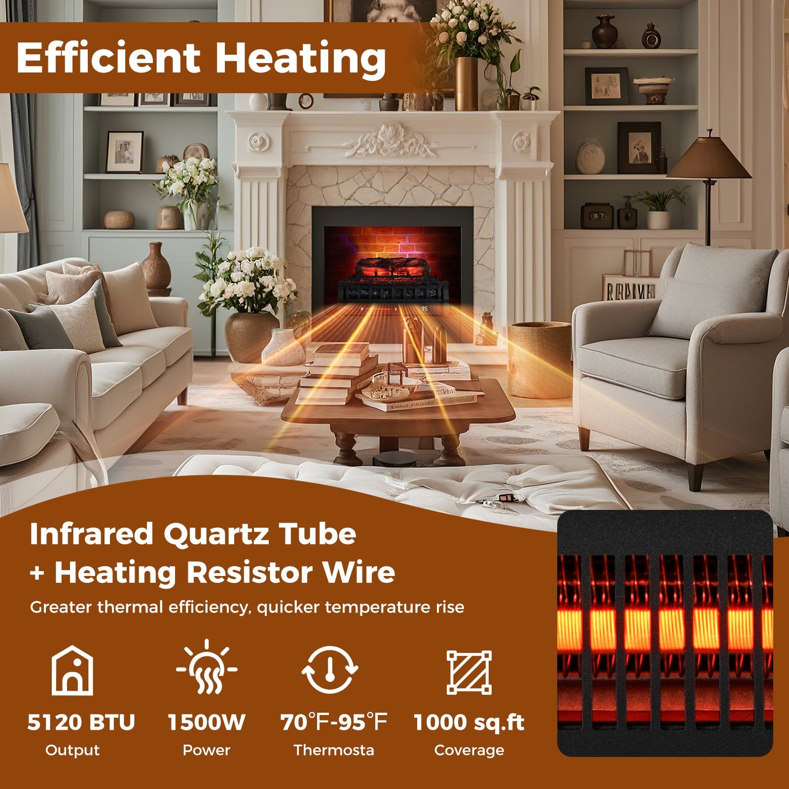 23 Inch Infrared Quartz Electric Fireplace Pinewood Log Heater with Adjustable Flame, Black Fireplaces at Gallery Canada