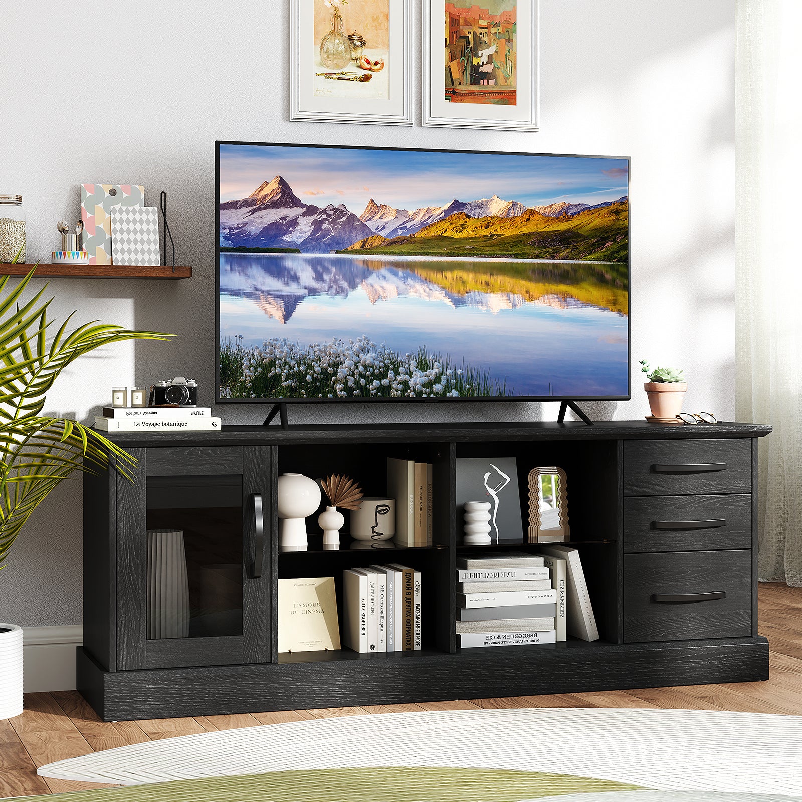 63 Inches Media Console Table with 3 Drawers and 2 Glass Shelves, Black Entertainment Centers & TV Stands at Gallery Canada