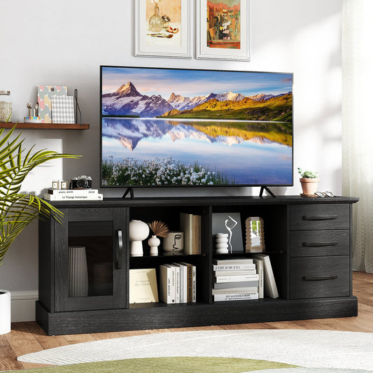 63 Inches Media Console Table with 3 Drawers and 2 Glass Shelves, Black Entertainment Centers & TV Stands Black at Gallery Canada