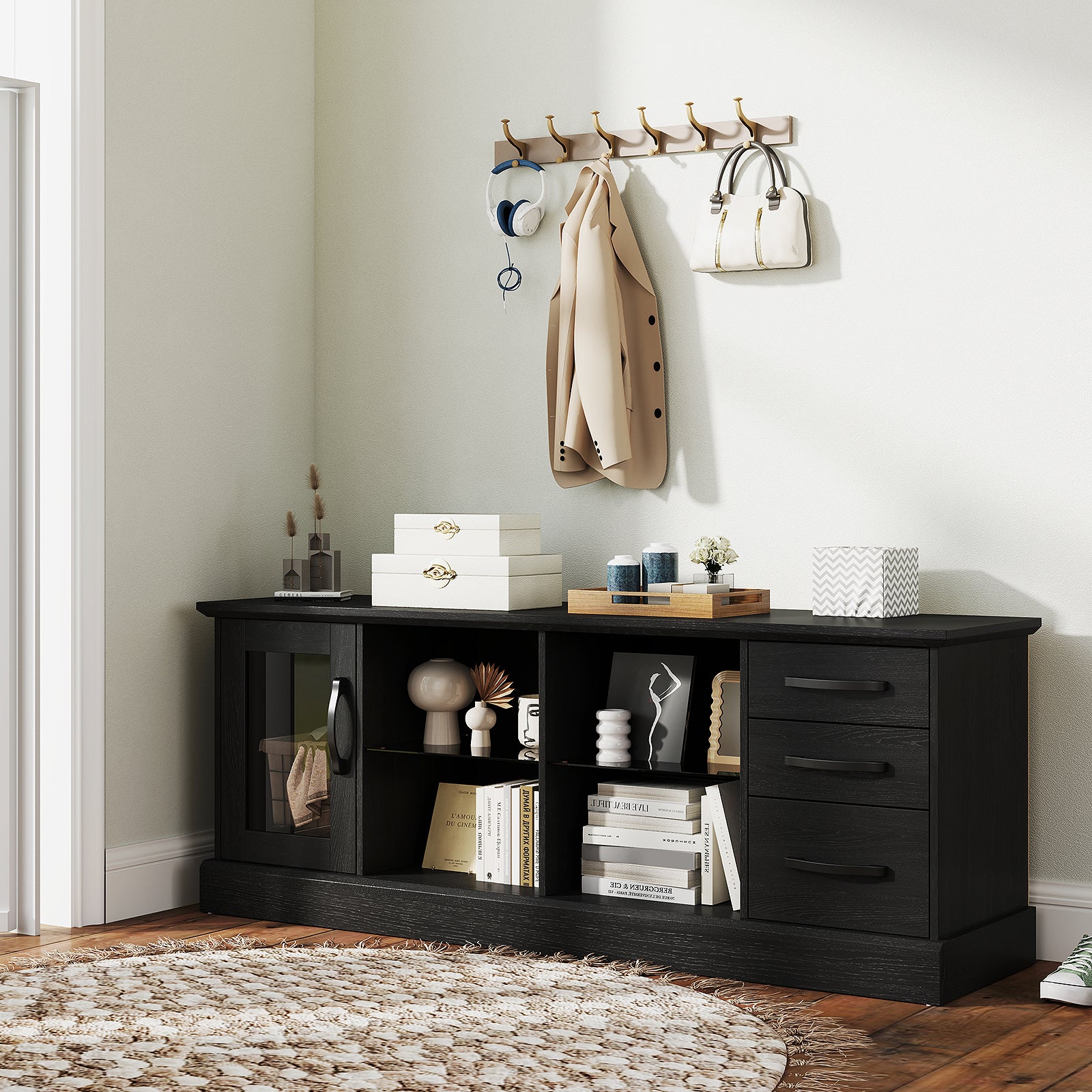63 Inches Media Console Table with 3 Drawers and 2 Glass Shelves, Black Entertainment Centers & TV Stands at Gallery Canada