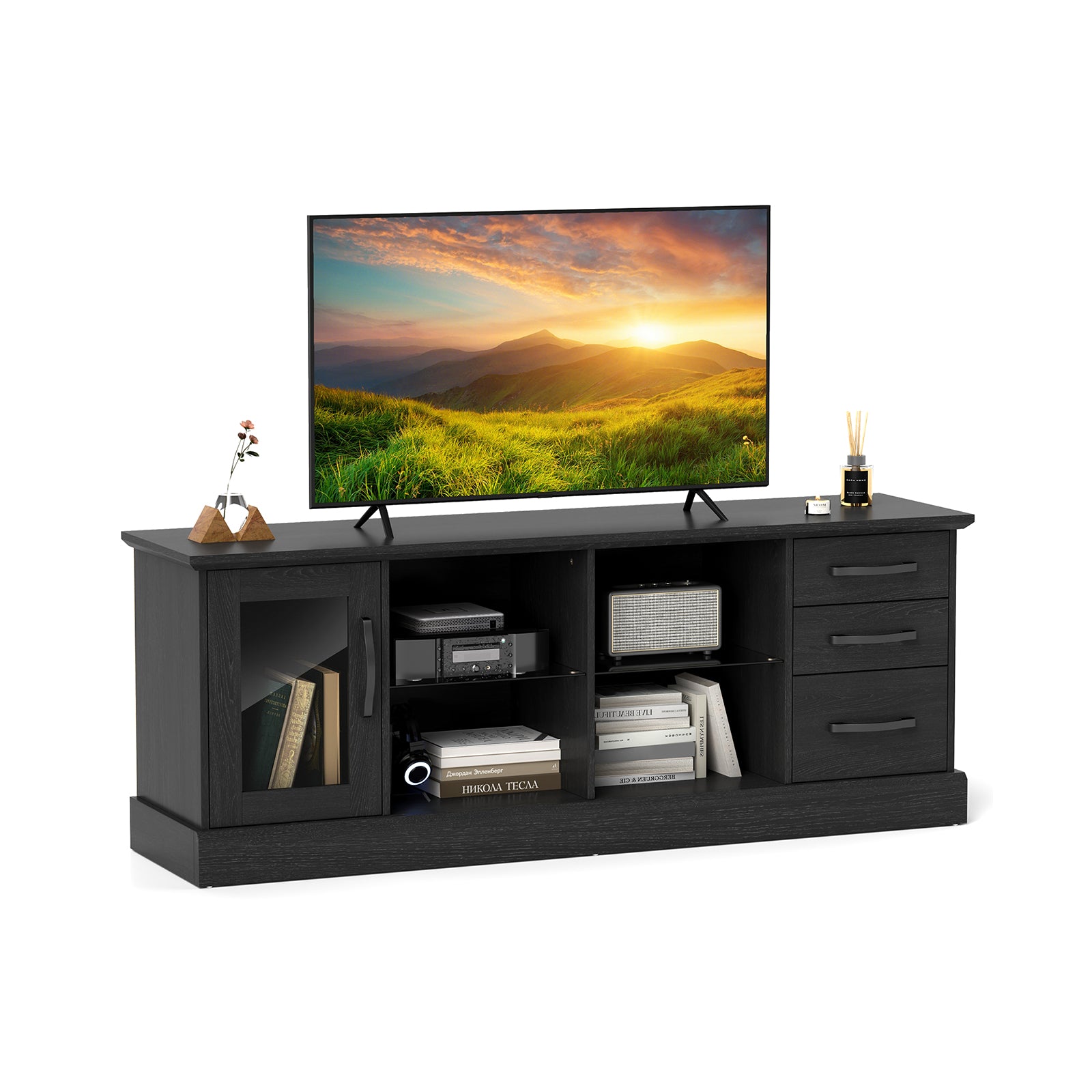 63 Inches Media Console Table with 3 Drawers and 2 Glass Shelves, Black Entertainment Centers & TV Stands at Gallery Canada