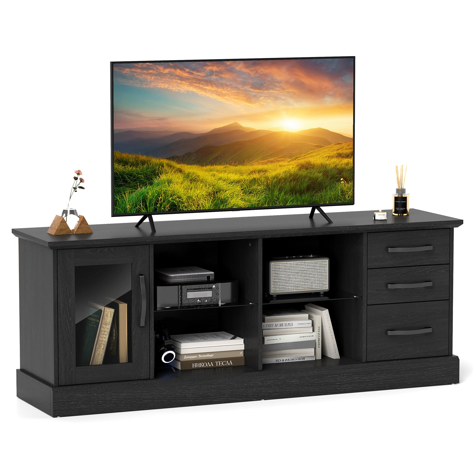63 Inches Media Console Table with 3 Drawers and 2 Glass Shelves, Black Entertainment Centers & TV Stands at Gallery Canada
