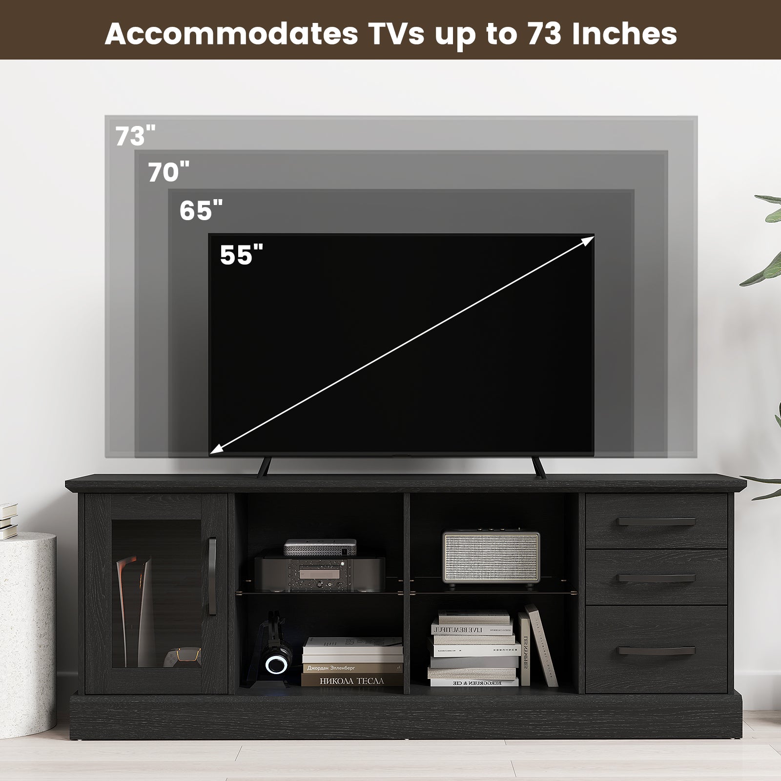 63 Inches Media Console Table with 3 Drawers and 2 Glass Shelves, Black Entertainment Centers & TV Stands at Gallery Canada