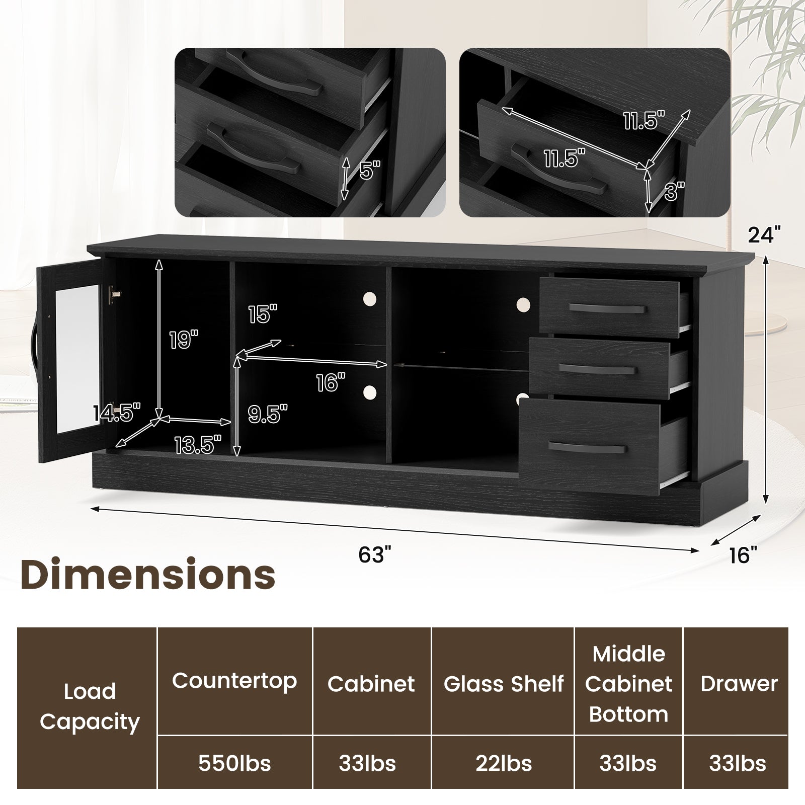 63 Inches Media Console Table with 3 Drawers and 2 Glass Shelves, Black Entertainment Centers & TV Stands at Gallery Canada