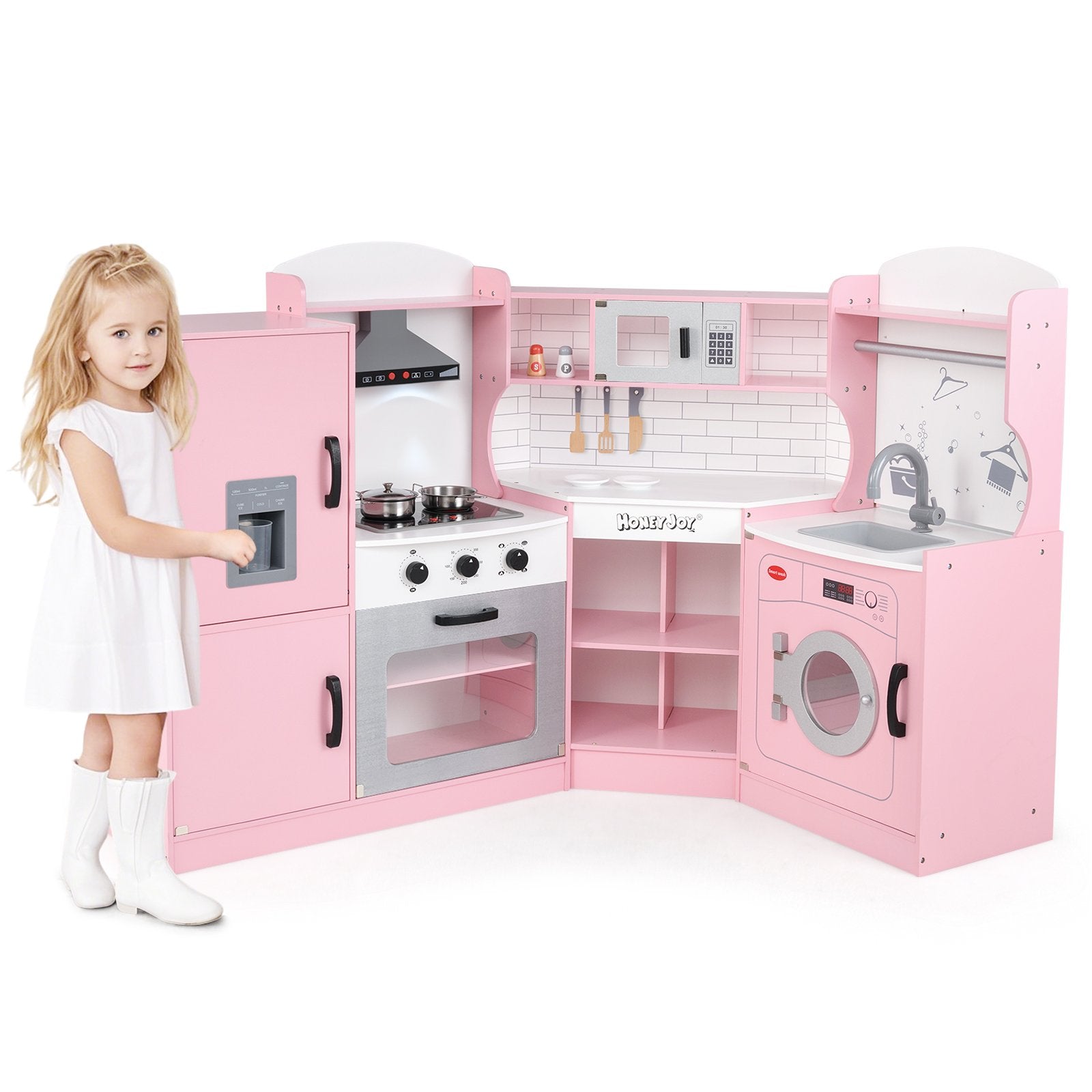 Corner Kids Play Kitchen with Washing Machine and Ice Maker Gift for Boys Girls, Pink Play Kitchen Sets at Gallery Canada