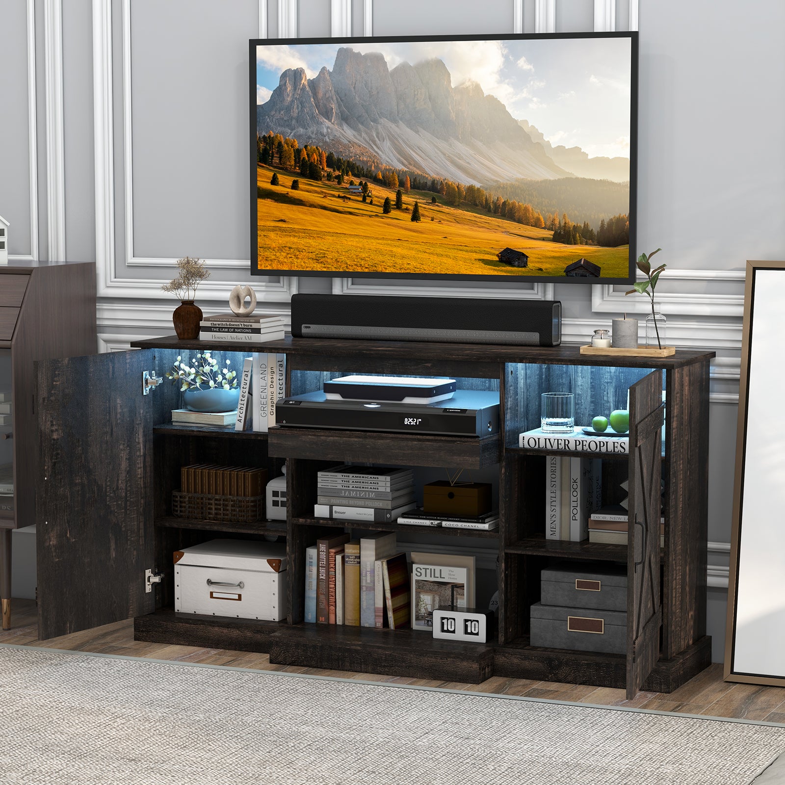58 Inches TV stand for TVs up to 65 Inches with 20 Color Led Lights, Coffee Entertainment Centers & TV Stands at Gallery Canada