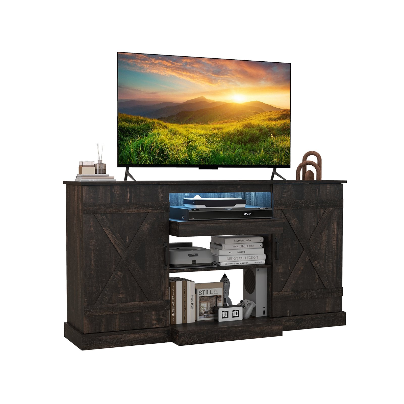 58 Inches TV stand for TVs up to 65 Inches with 20 Color Led Lights, Coffee Entertainment Centers & TV Stands Coffee at Gallery Canada
