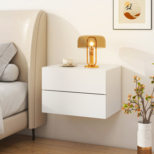 Floating Nightstand with Drawers and Storage Shelf, White