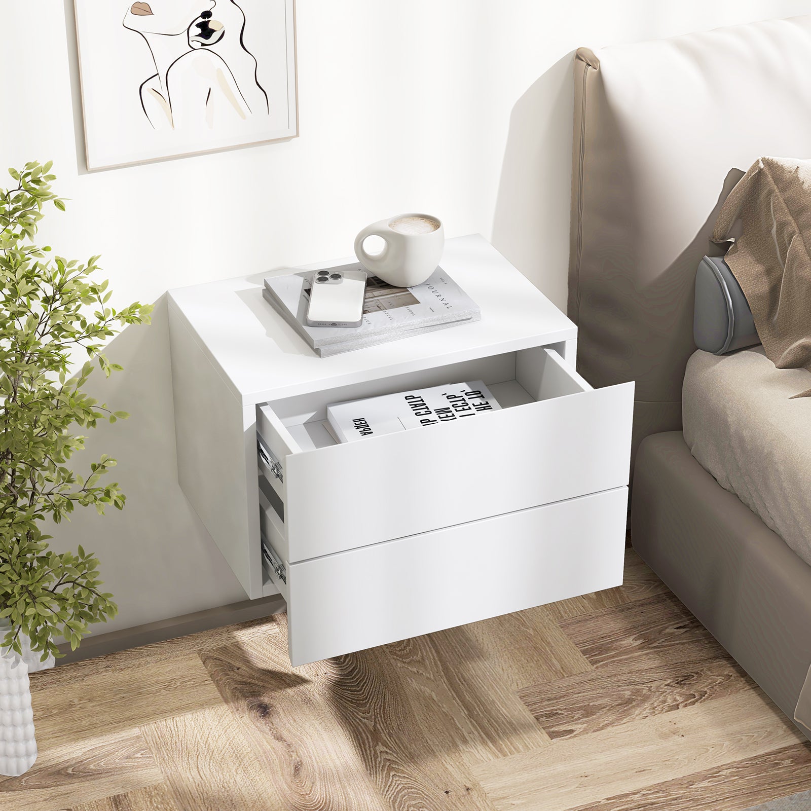 Floating Nightstand with Drawers and Storage Shelf, White Nightstands at Gallery Canada