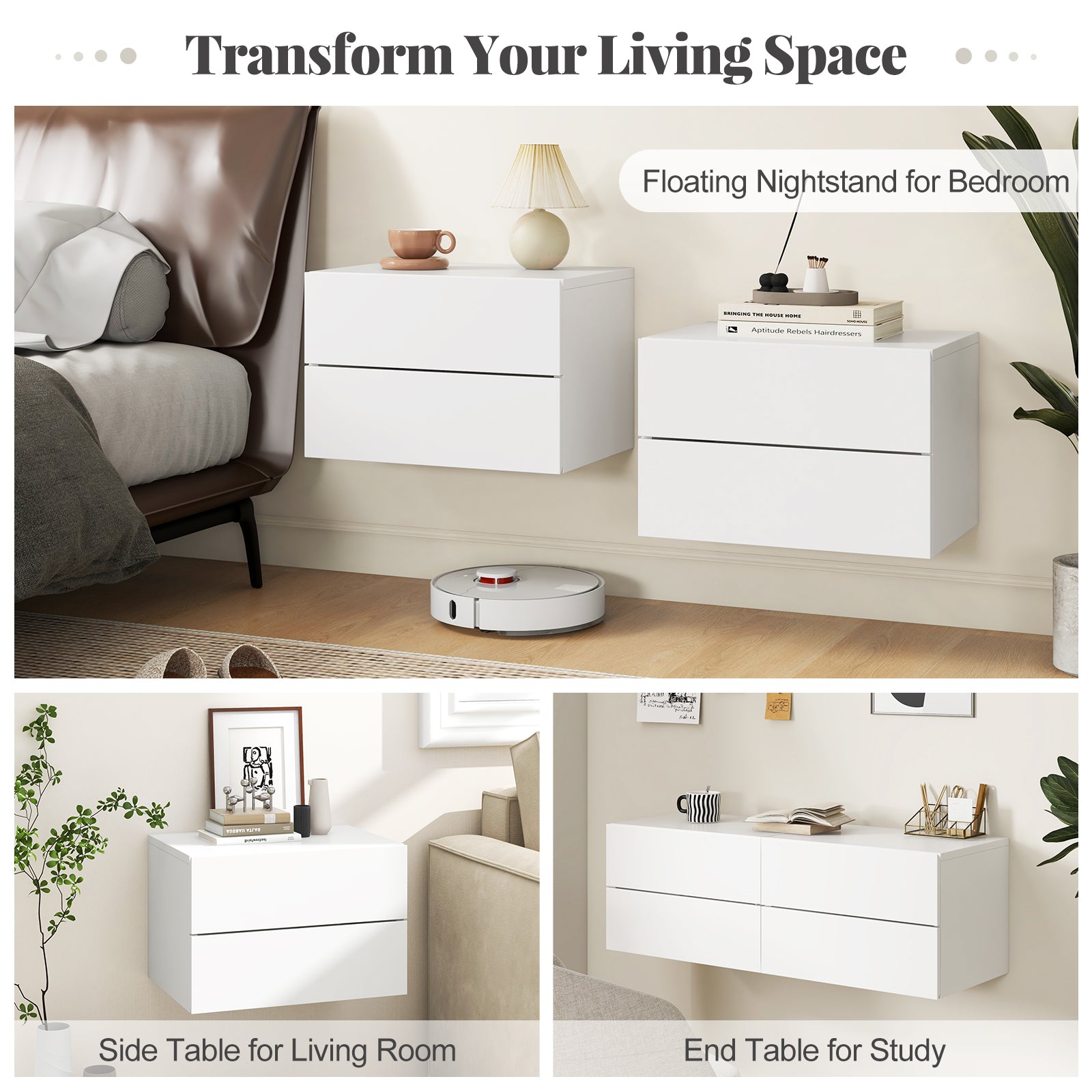 Floating Nightstand with Drawers and Storage Shelf, White Nightstands at Gallery Canada