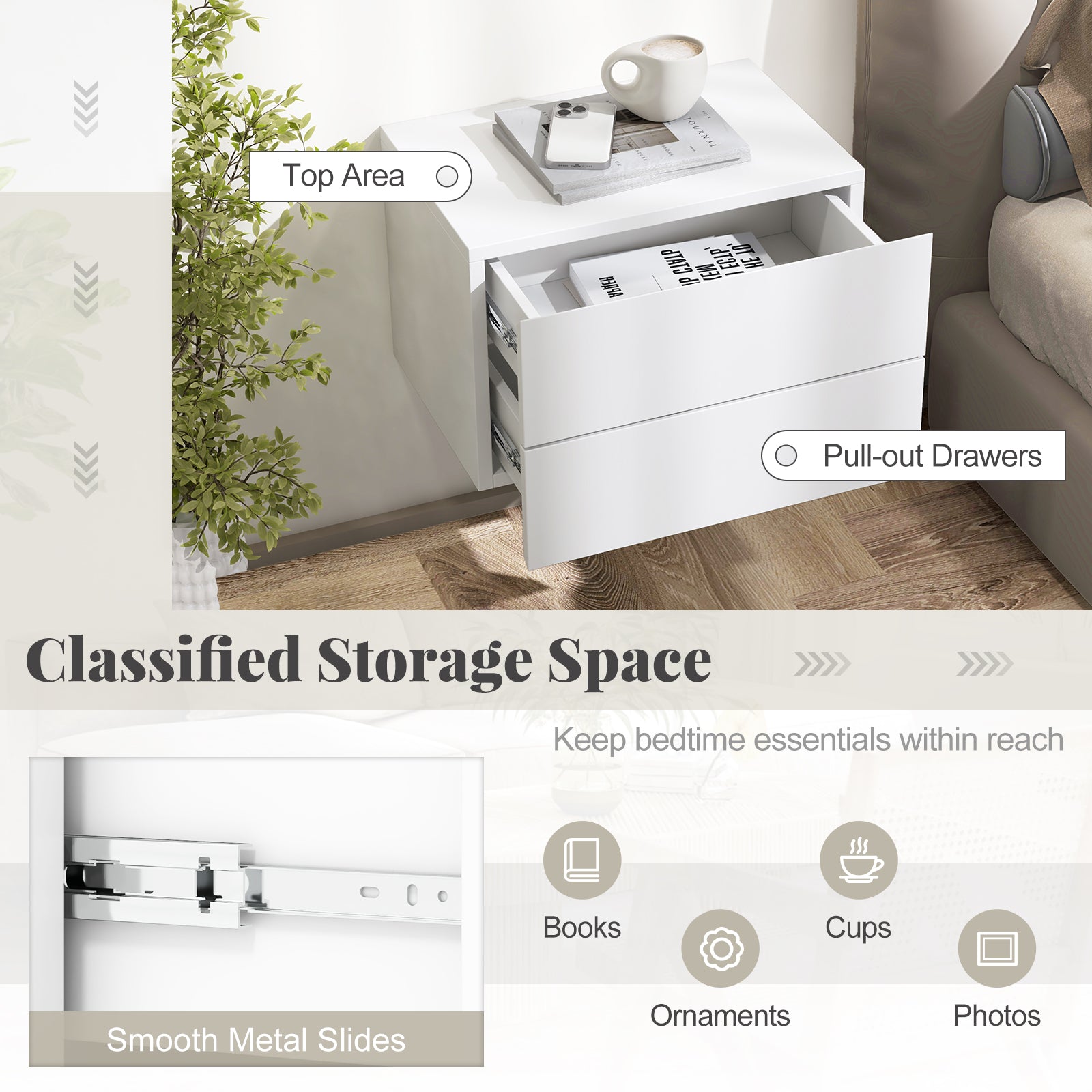 Floating Nightstand with Drawers and Storage Shelf, White Nightstands at Gallery Canada