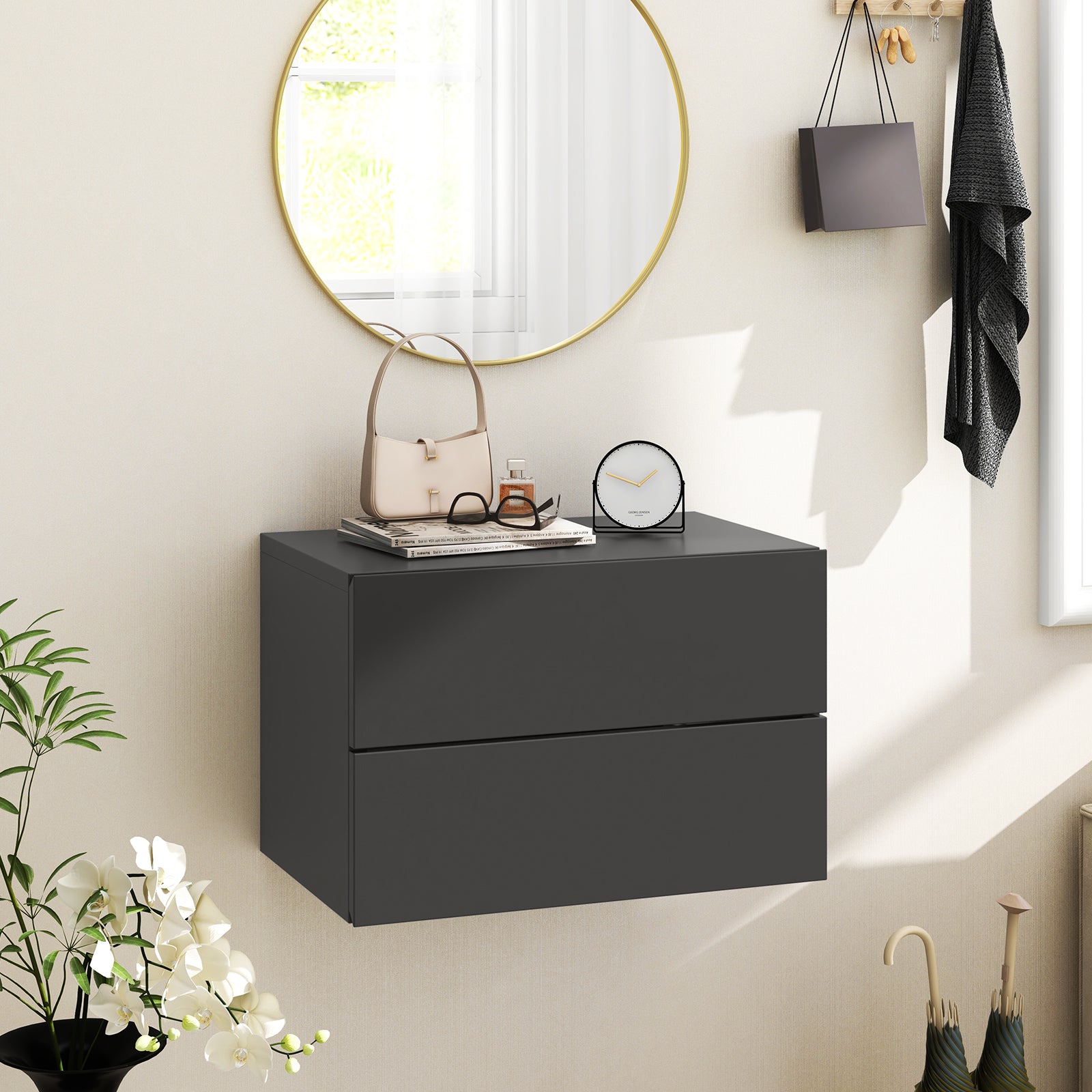 Floating Nightstand with Drawers and Storage Shelf, Gray Nightstands at Gallery Canada