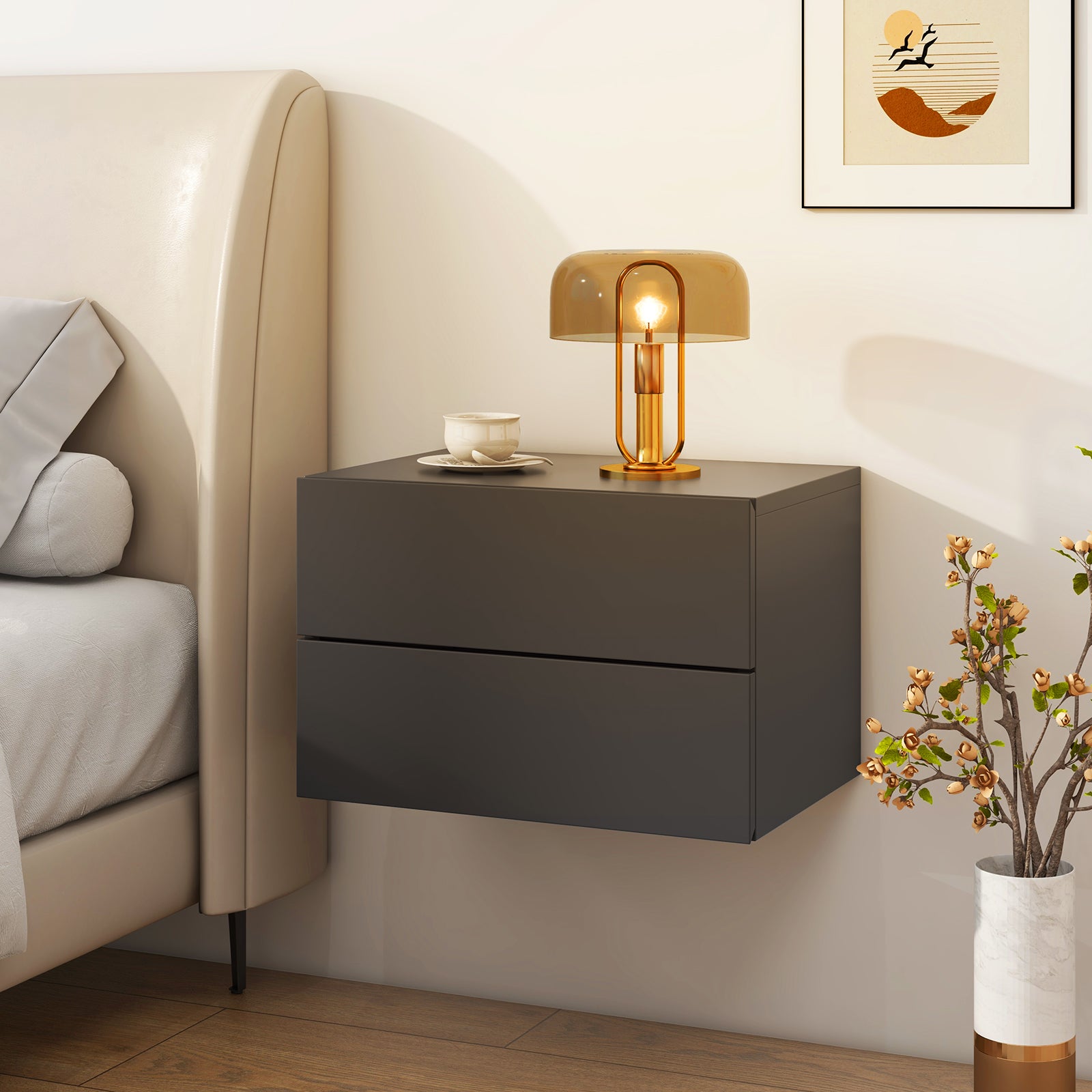 Floating Nightstand with Drawers and Storage Shelf, Gray Nightstands at Gallery Canada