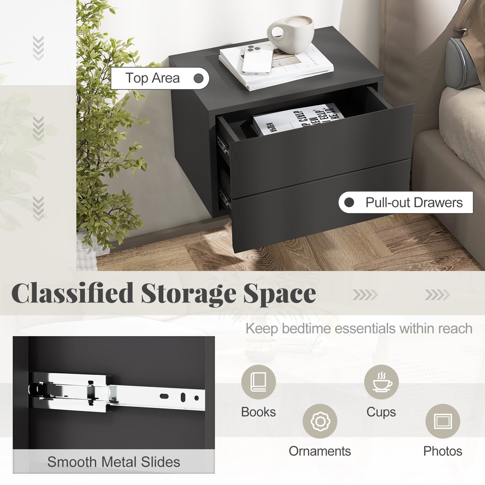 Floating Nightstand with Drawers and Storage Shelf, Gray Nightstands at Gallery Canada