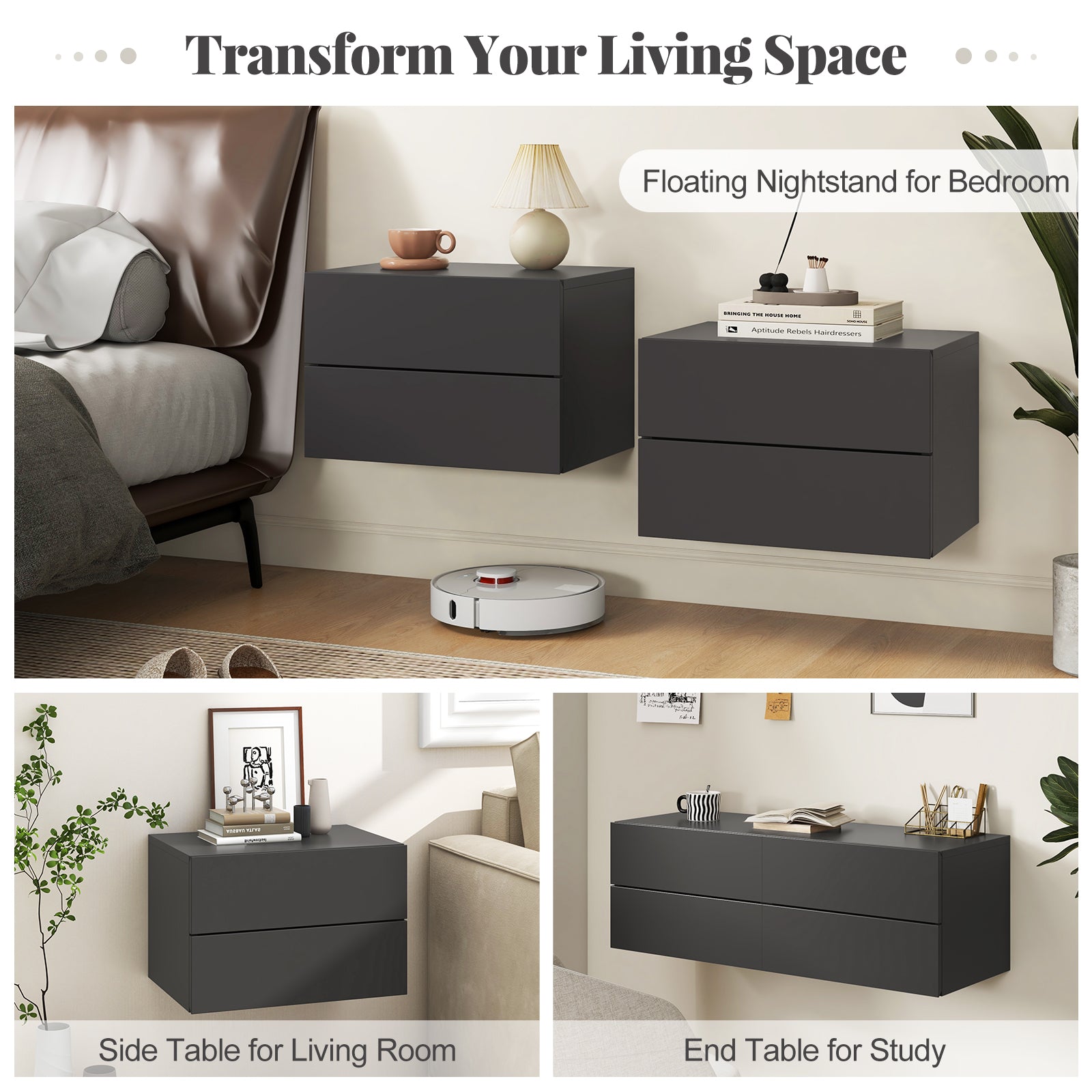 Floating Nightstand with Drawers and Storage Shelf, Gray Nightstands at Gallery Canada