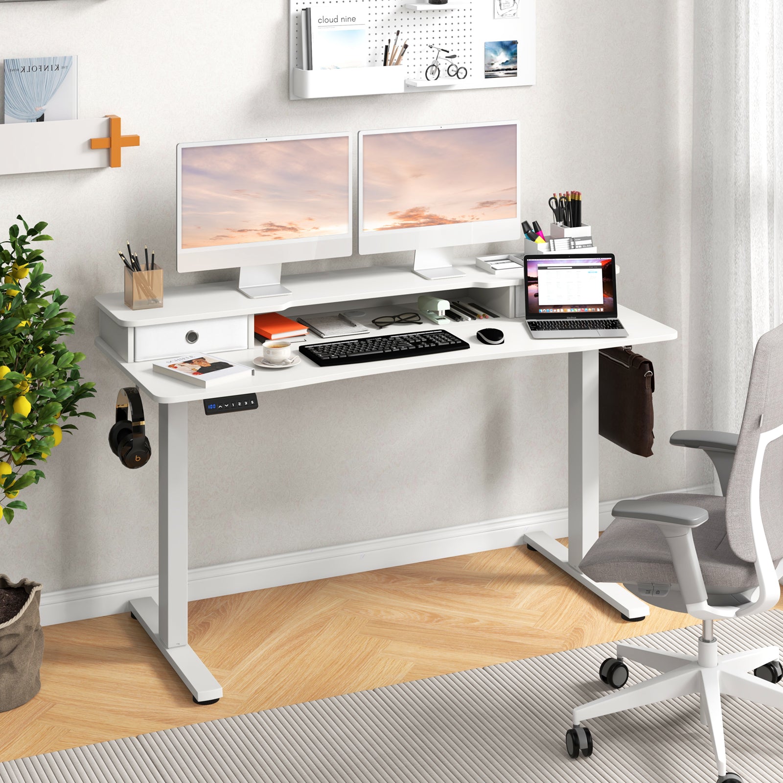 55 Inch x 24 Inch Height Adjustable Electric Standing Desk with 2 Drawers, White Standing Desks at Gallery Canada